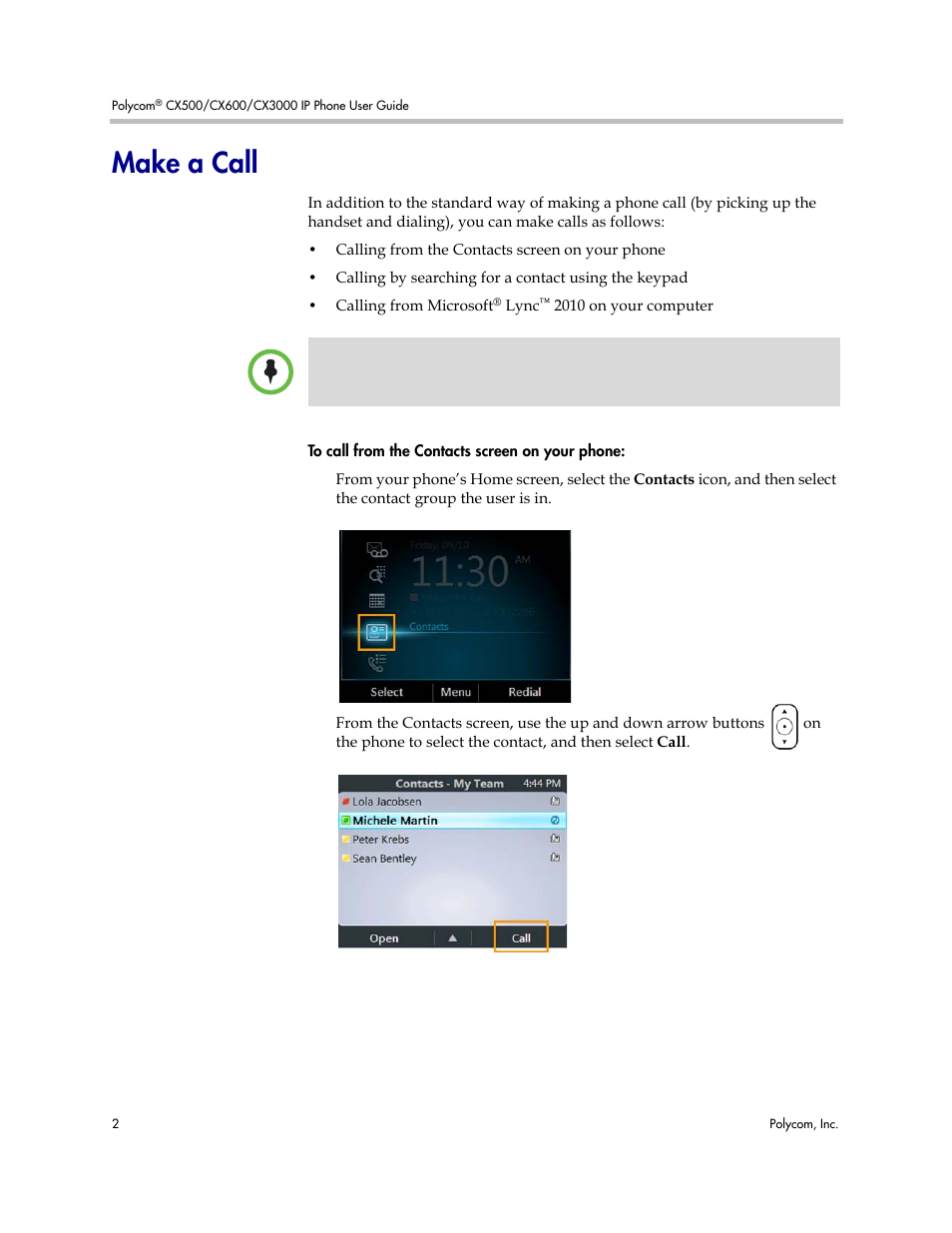 Make a call | Polycom 1725-44328-001 User Manual | Page 6 / 22