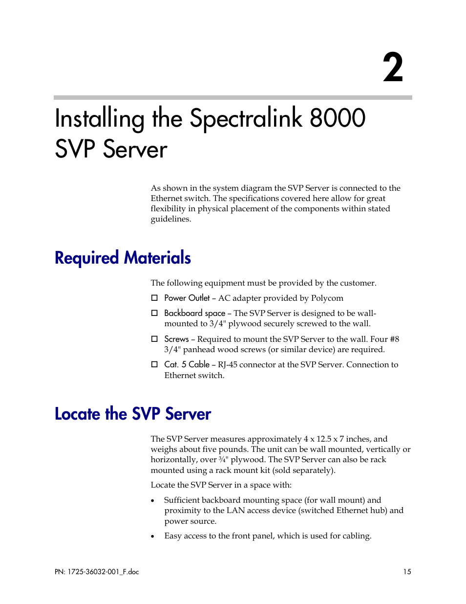 Installing the spectralink 8000 svp server, Required materials, Locate the svp server | Required materials locate the svp server | Polycom SpectraLink 1725-36032-001 User Manual | Page 15 / 40
