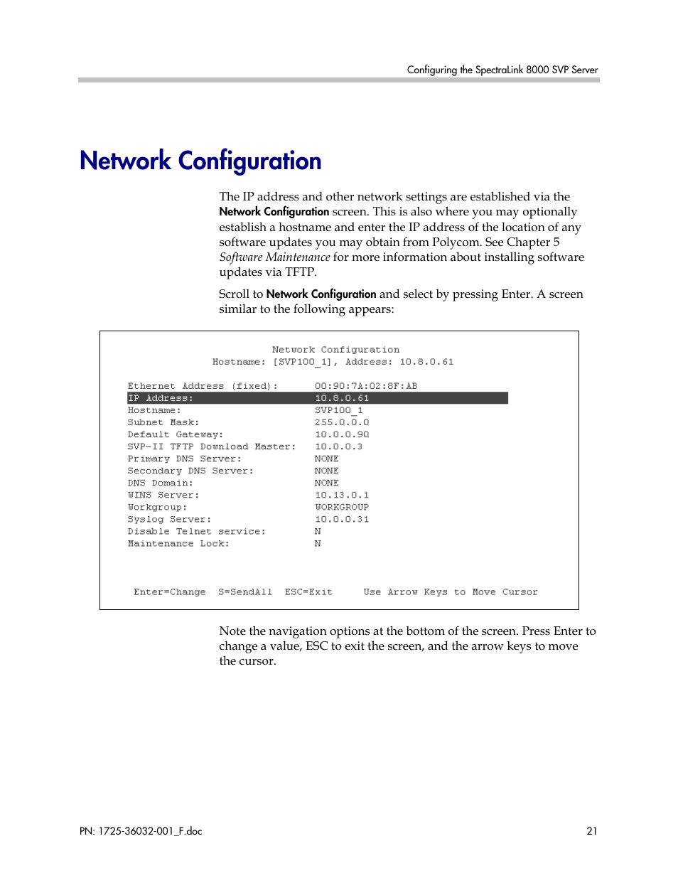 Network configuration | Polycom SpectraLink 1725-36032-001 User Manual | Page 21 / 40