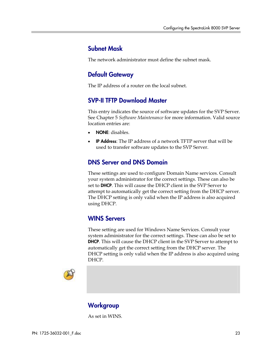 Subnet mask, Default gateway, Svp-ii tftp download master | Dns server and dns domain, Wins servers, Workgroup | Polycom SpectraLink 1725-36032-001 User Manual | Page 23 / 40