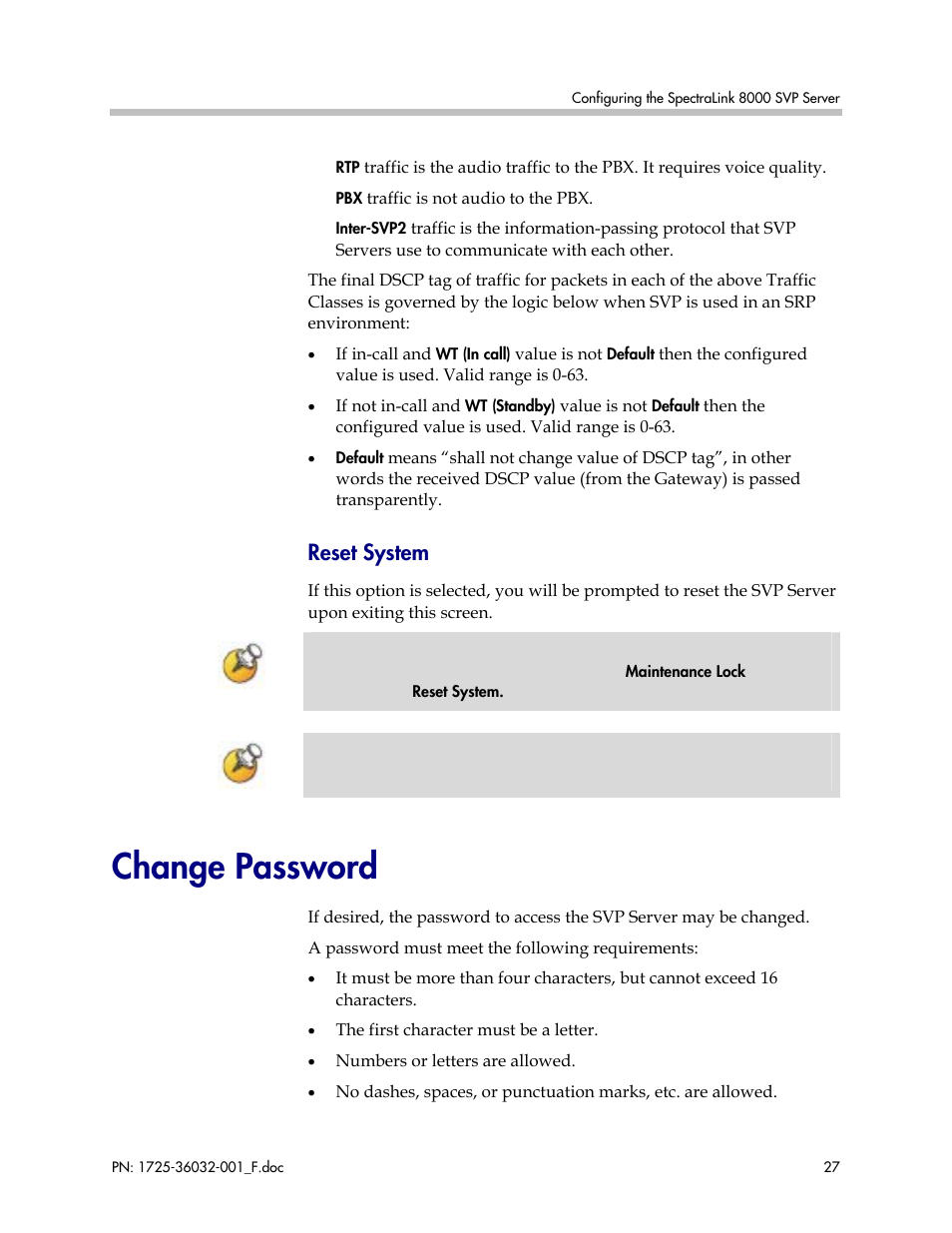 Change password, Reset system | Polycom SpectraLink 1725-36032-001 User Manual | Page 27 / 40