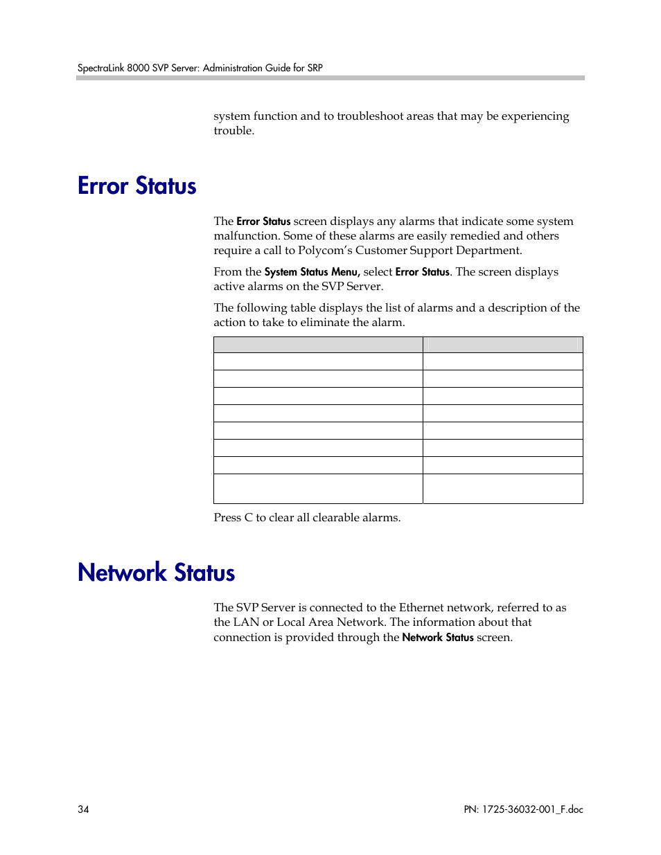Error status, Network status, Error status network status | Polycom SpectraLink 1725-36032-001 User Manual | Page 34 / 40