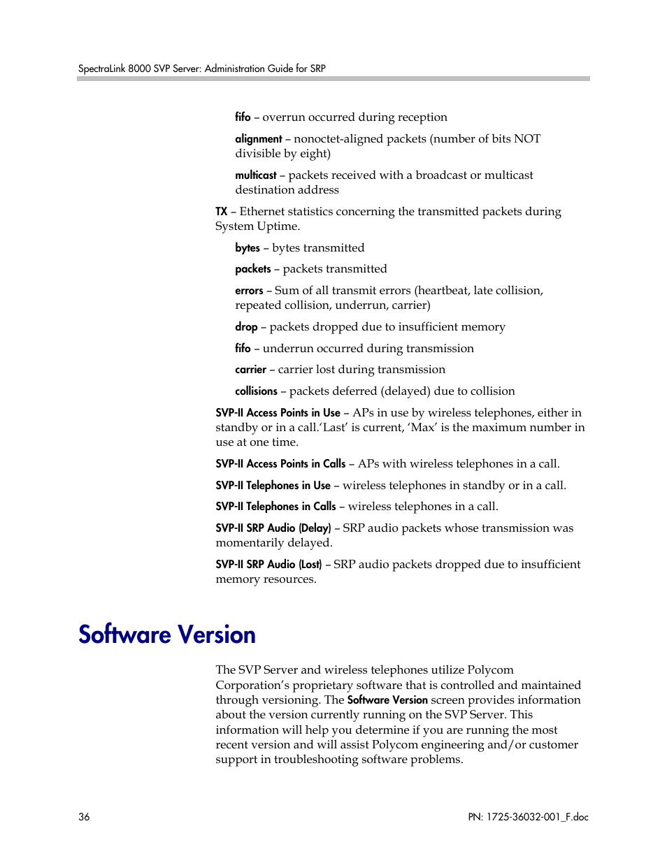 Software version | Polycom SpectraLink 1725-36032-001 User Manual | Page 36 / 40