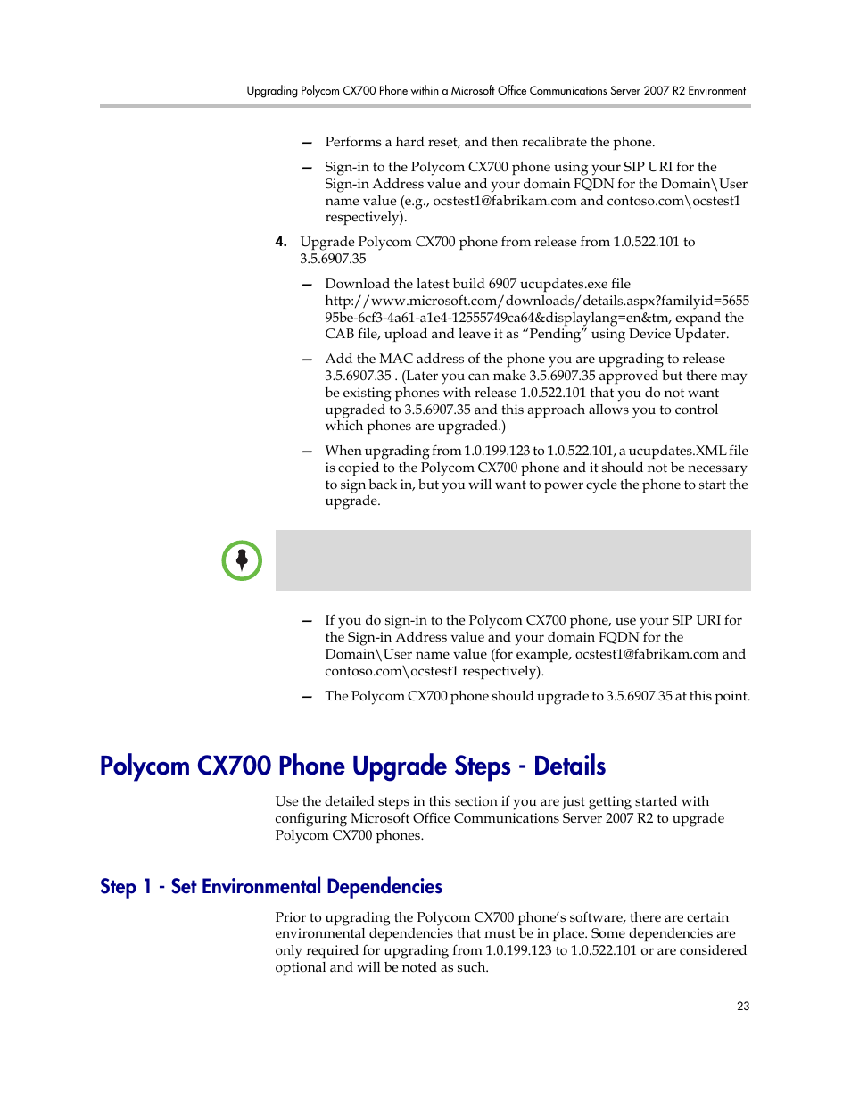 Polycom cx700 phone upgrade steps - details, Step 1 - set environmental dependencies, Polycom cx700 phone upgrade steps | Details | Polycom 1725-31424-001 User Manual | Page 29 / 56