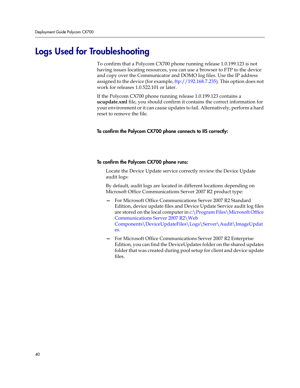 Logs used for troubleshooting, Logs used for, Troubleshooting | Fer to | Polycom 1725-31424-001 User Manual | Page 46 / 56