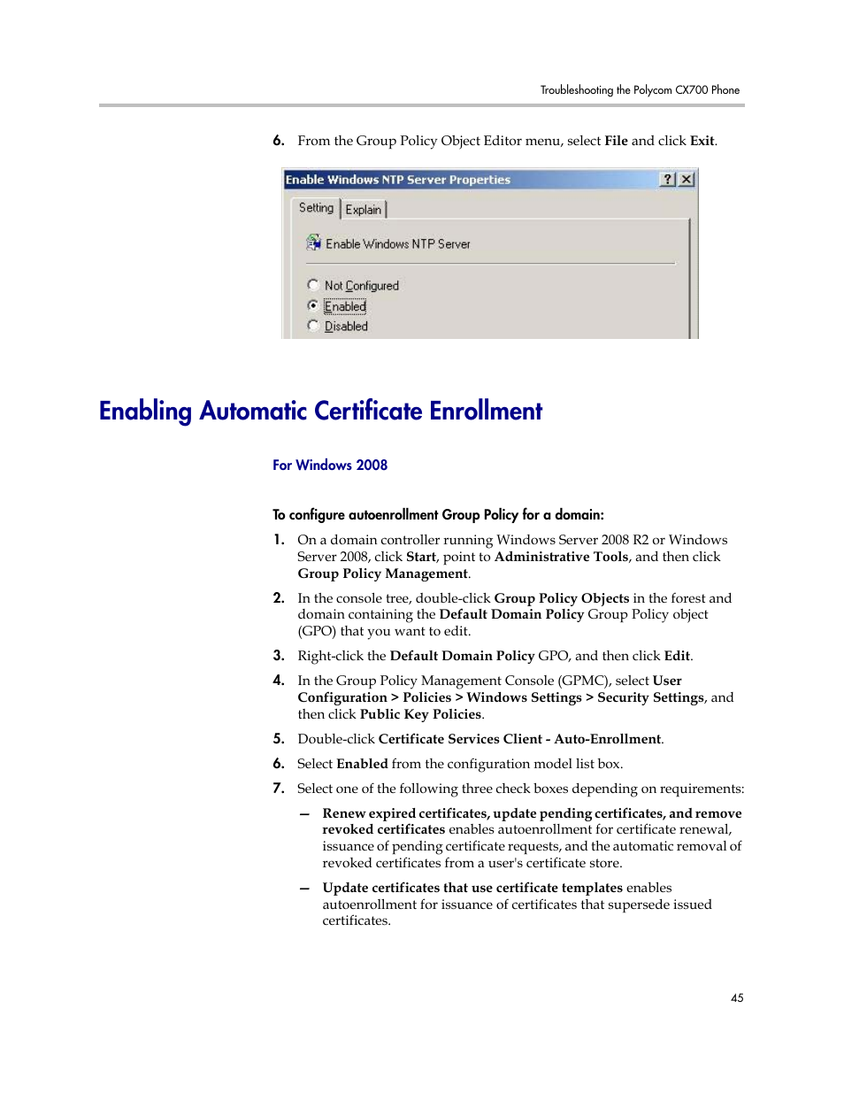 Enabling automatic certificate enrollment, Enabling automatic certificate, Enrollment | Enabling automatic, Certificate enrollment | Polycom 1725-31424-001 User Manual | Page 51 / 56