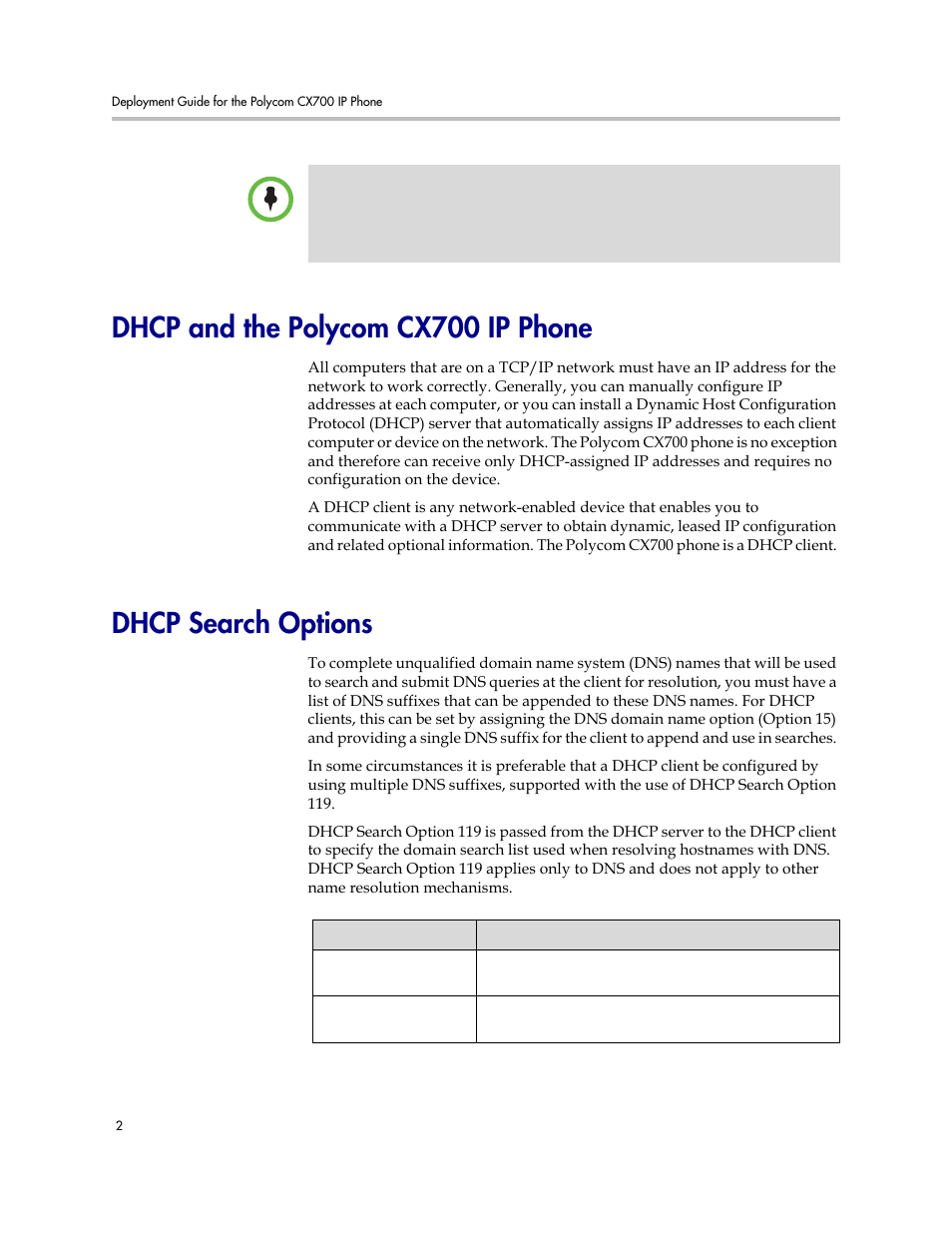 Dhcp and the polycom cx700 ip phone, Dhcp search options | Polycom 1725-31424-001 User Manual | Page 8 / 56