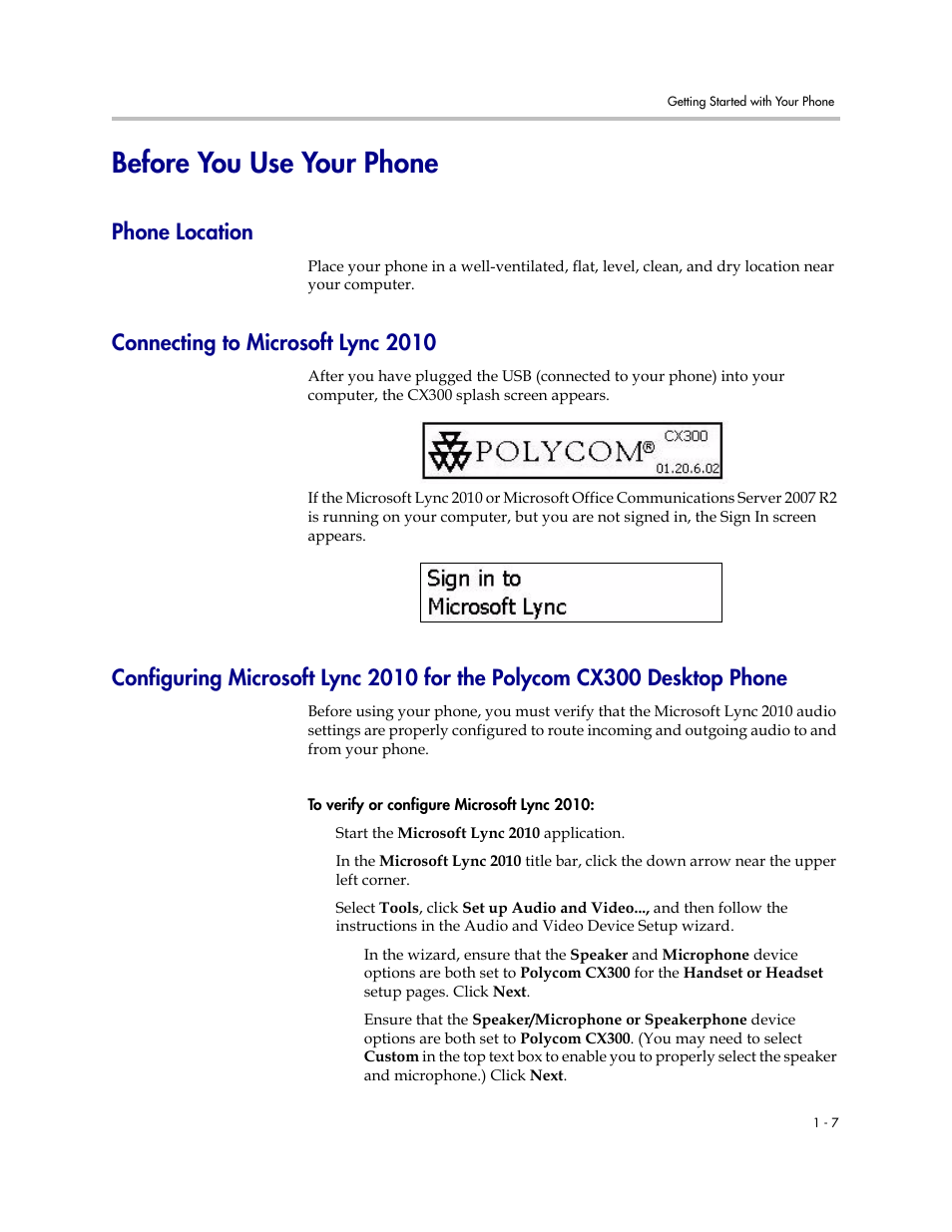 Before you use your phone, Phone location, Connecting to microsoft lync 2010 | Before you use your phone –7, Phone –7 | Polycom 1725-32504-001 User Manual | Page 13 / 34