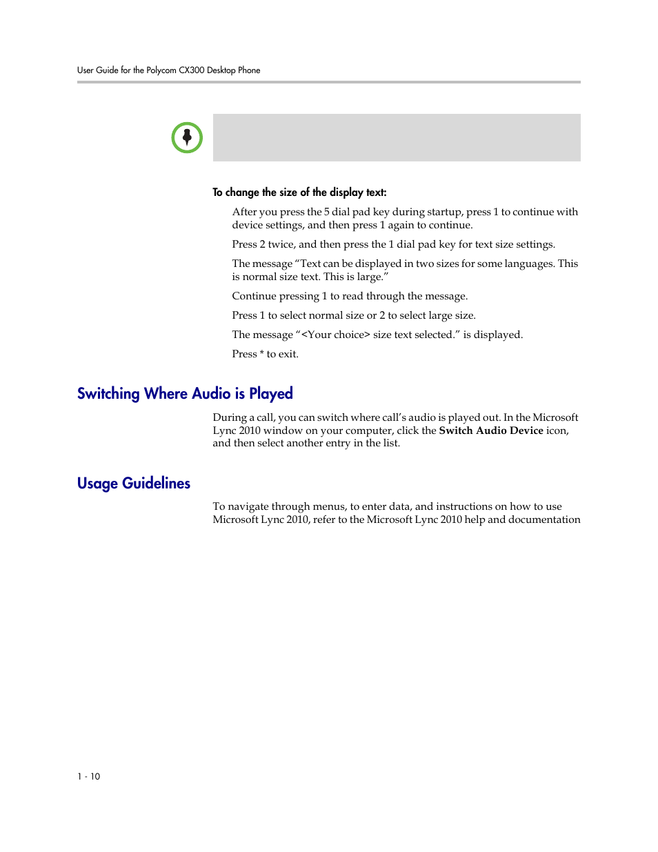 Switching where audio is played, Usage guidelines | Polycom 1725-32504-001 User Manual | Page 16 / 34