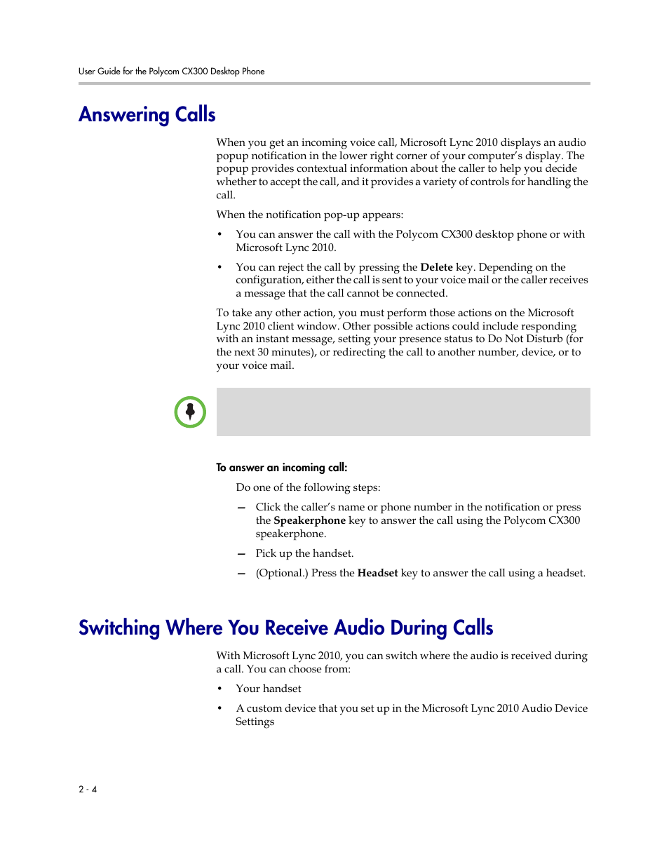 Answering calls, Switching where you receive audio during calls | Polycom 1725-32504-001 User Manual | Page 20 / 34