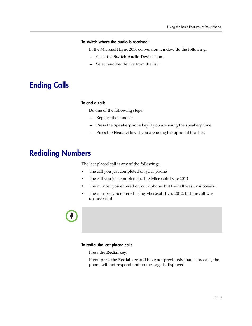 Ending calls, Redialing numbers, Ending calls –5 redialing numbers –5 | Polycom 1725-32504-001 User Manual | Page 21 / 34