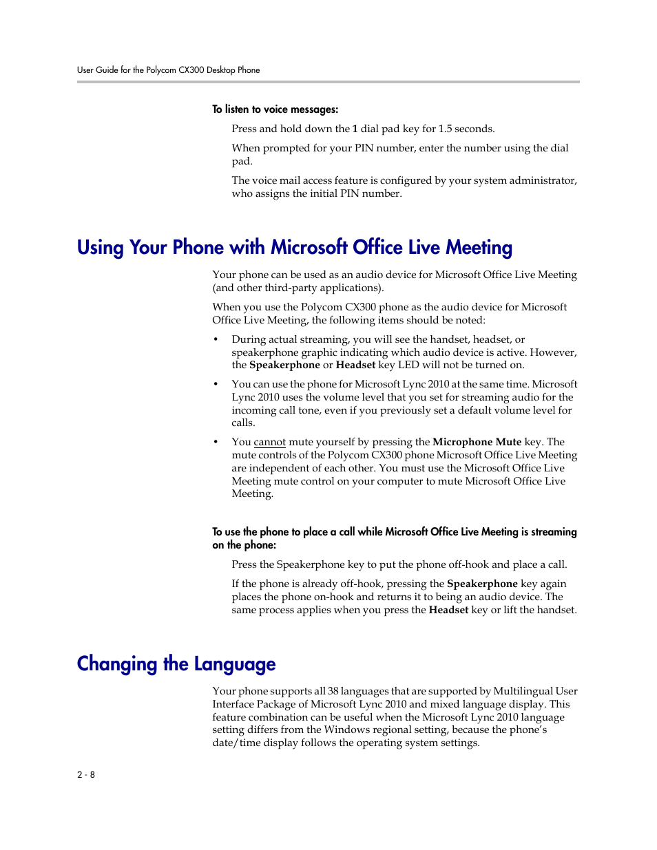 Changing the language, Changing the language –8 | Polycom 1725-32504-001 User Manual | Page 24 / 34