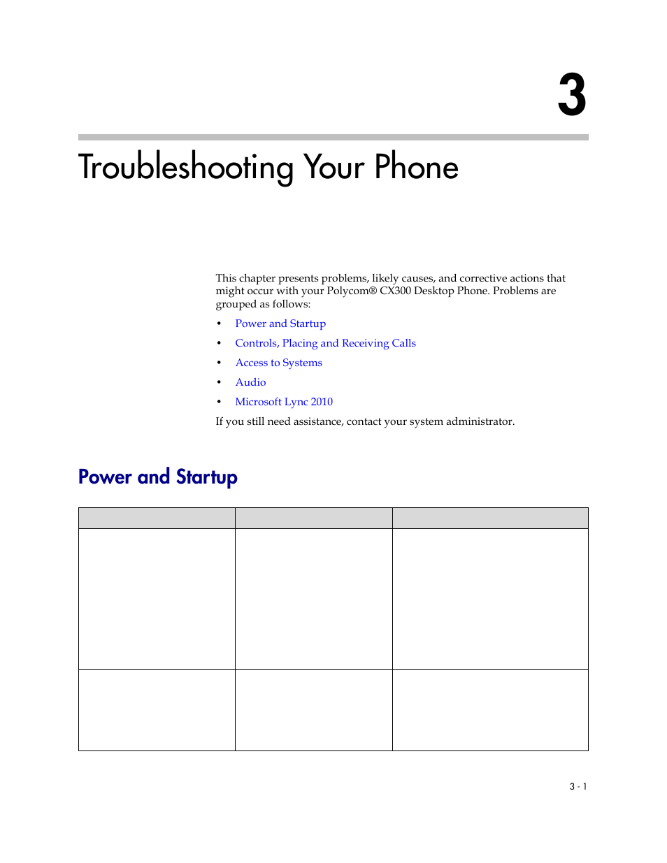 Troubleshooting your phone, Power and startup, 3 troubleshooting your phone –1 | Power and startup –1 | Polycom 1725-32504-001 User Manual | Page 27 / 34