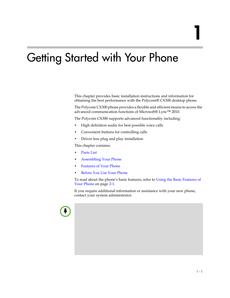 Getting started with your phone, 1 getting started with your phone –1 | Polycom 1725-32504-001 User Manual | Page 7 / 34