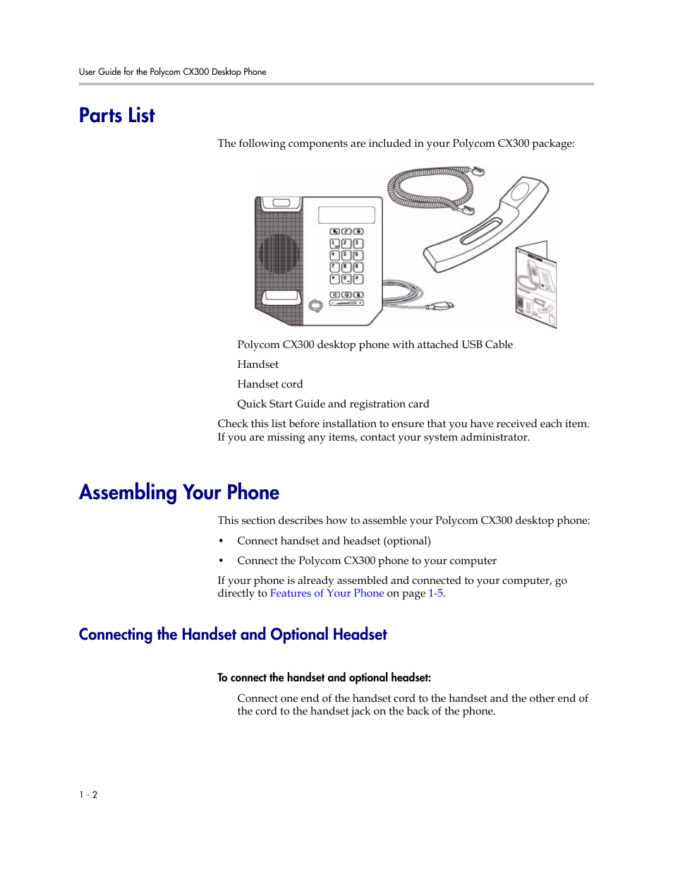 Parts list, Assembling your phone, Connecting the handset and optional headset | Parts, List, Parts list –2 assembling your phone –2, Connecting the handset and optional headset –2 | Polycom 1725-32504-001 User Manual | Page 8 / 34