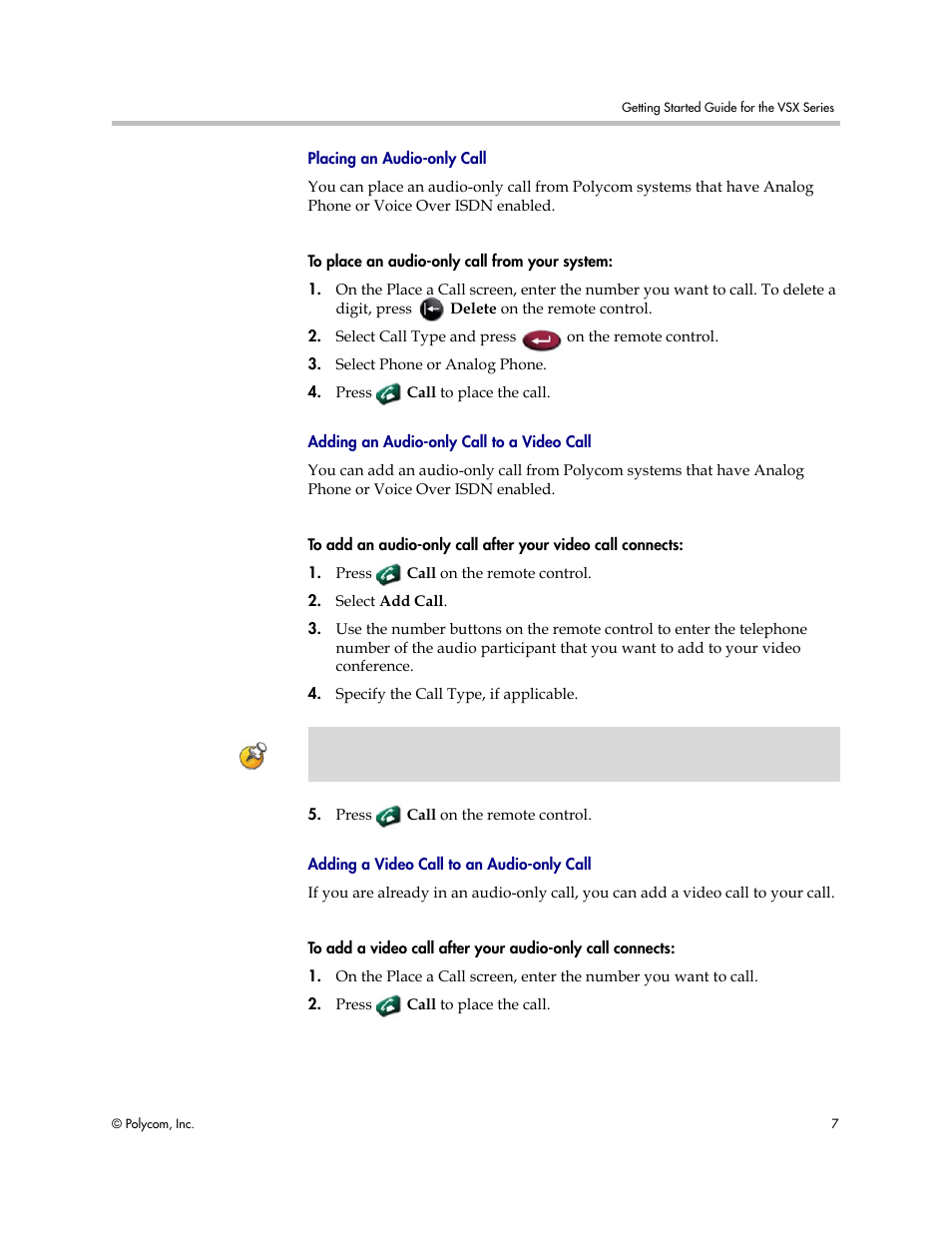 Placing an audio-only call, Adding an audio-only call to a video call, Adding a video call to an audio-only call | Polycom 9.0.6 User Manual | Page 11 / 46