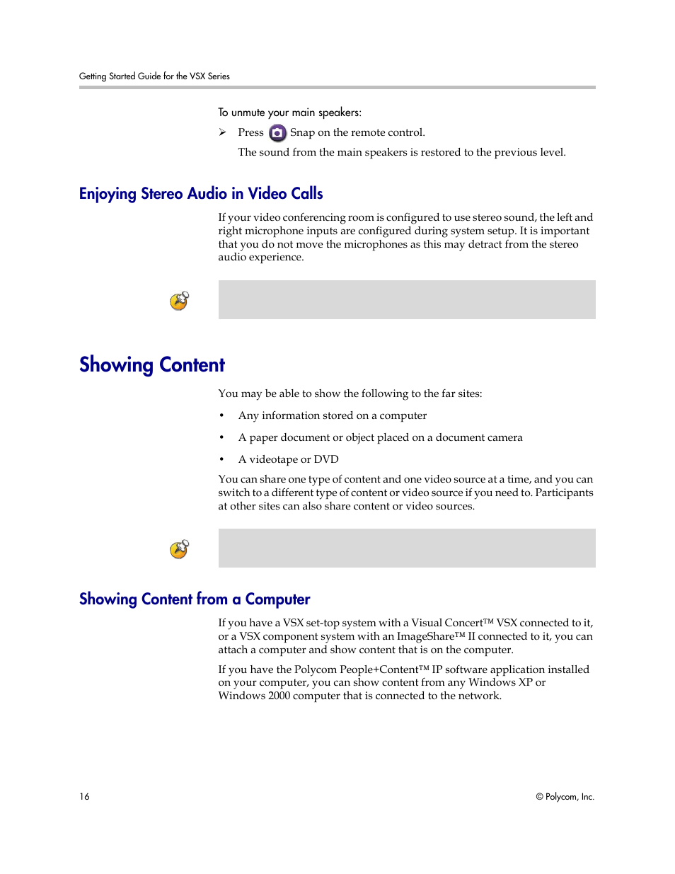 Enjoying stereo audio in video calls, Showing content, Showing content from a computer | Polycom 9.0.6 User Manual | Page 20 / 46