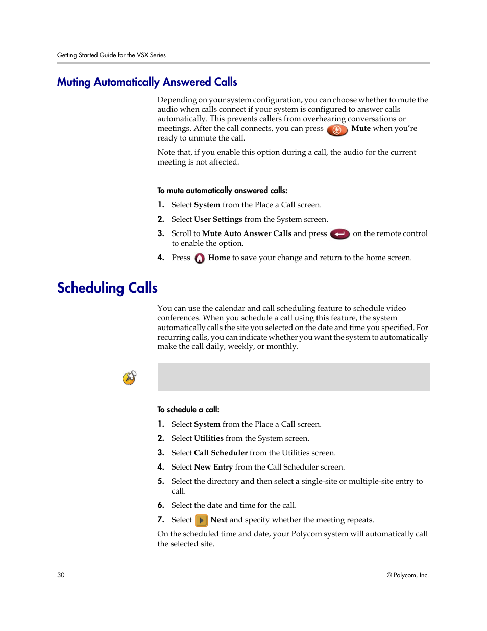 Muting automatically answered calls, Scheduling calls | Polycom 9.0.6 User Manual | Page 34 / 46