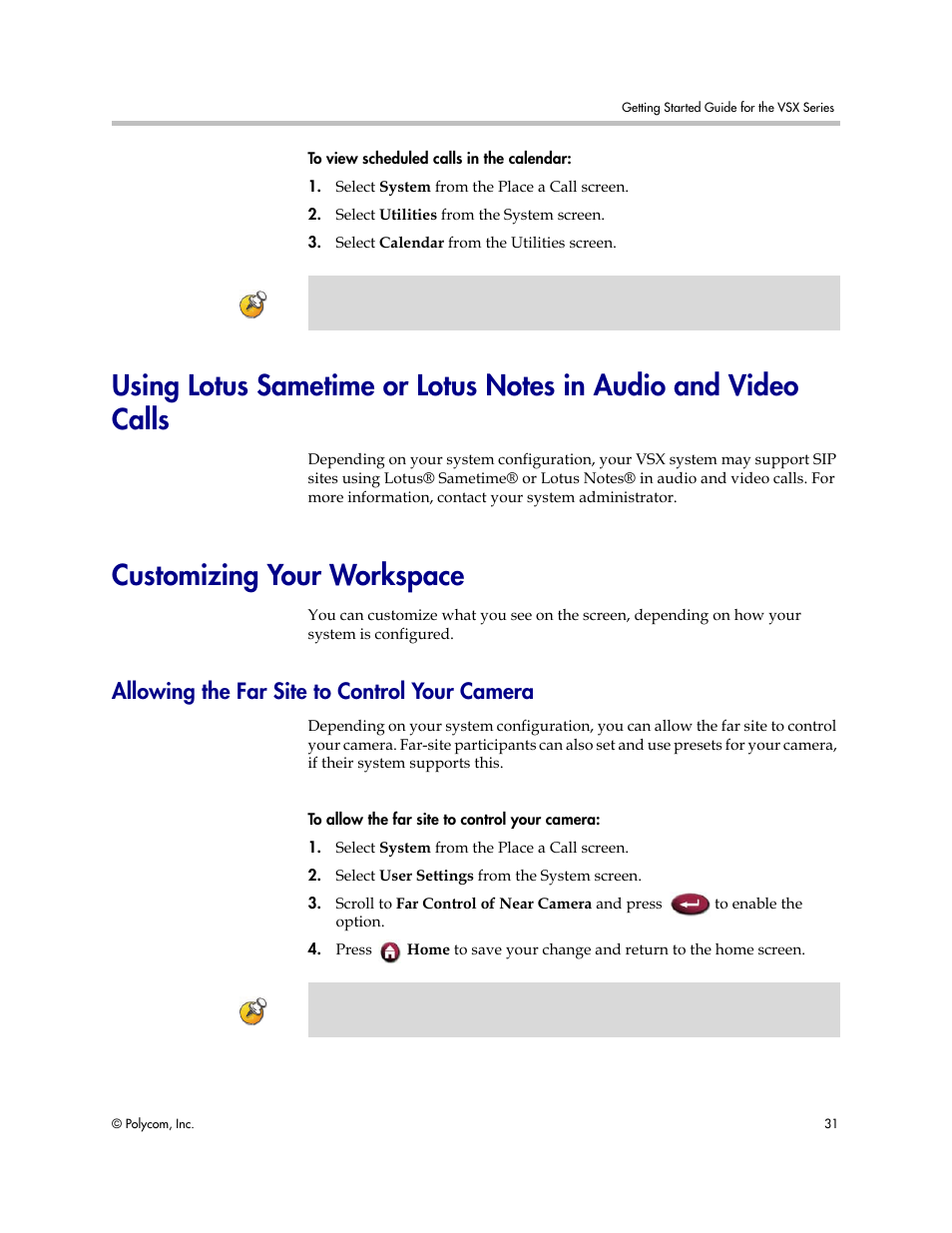 Customizing your workspace, Allowing the far site to control your camera | Polycom 9.0.6 User Manual | Page 35 / 46
