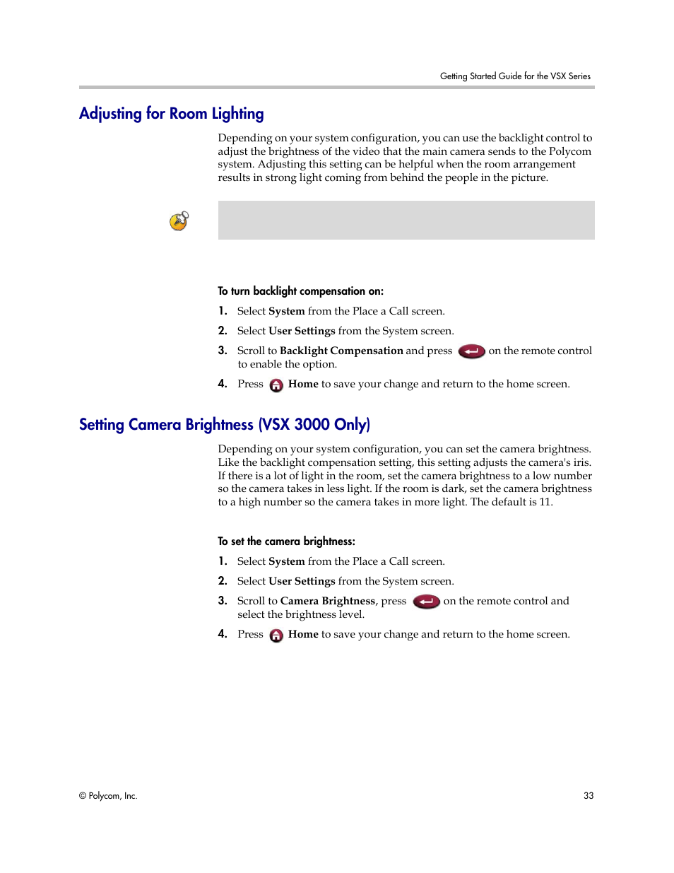 Adjusting for room lighting, Setting camera brightness (vsx 3000 only) | Polycom 9.0.6 User Manual | Page 37 / 46