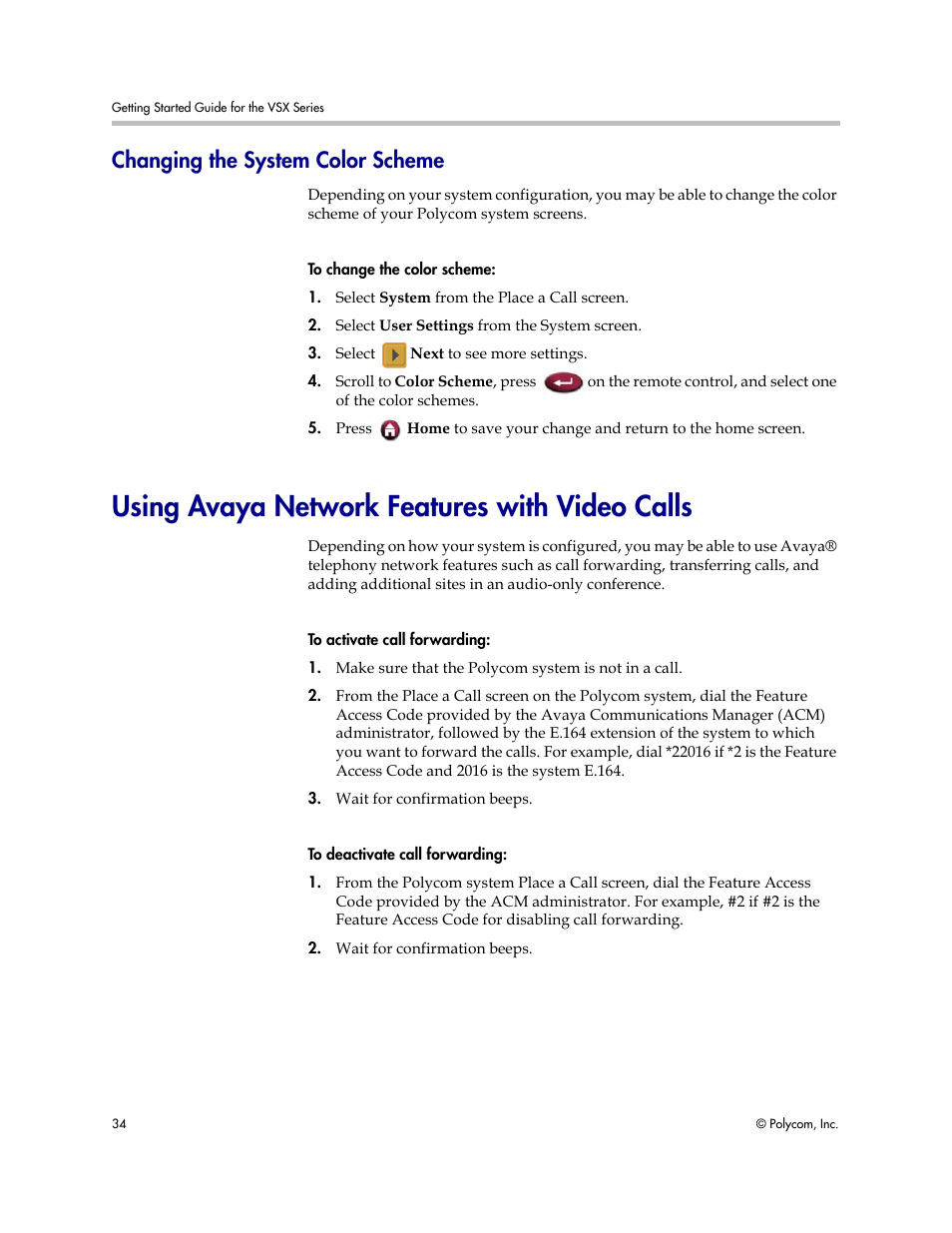 Changing the system color scheme, Using avaya network features with video calls | Polycom 9.0.6 User Manual | Page 38 / 46