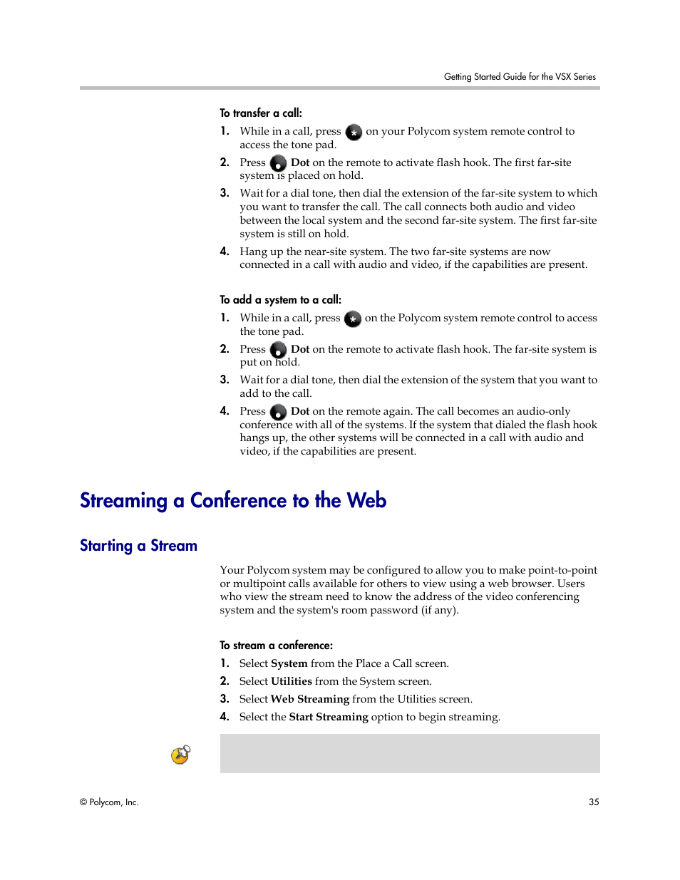 Streaming a conference to the web, Starting a stream | Polycom 9.0.6 User Manual | Page 39 / 46