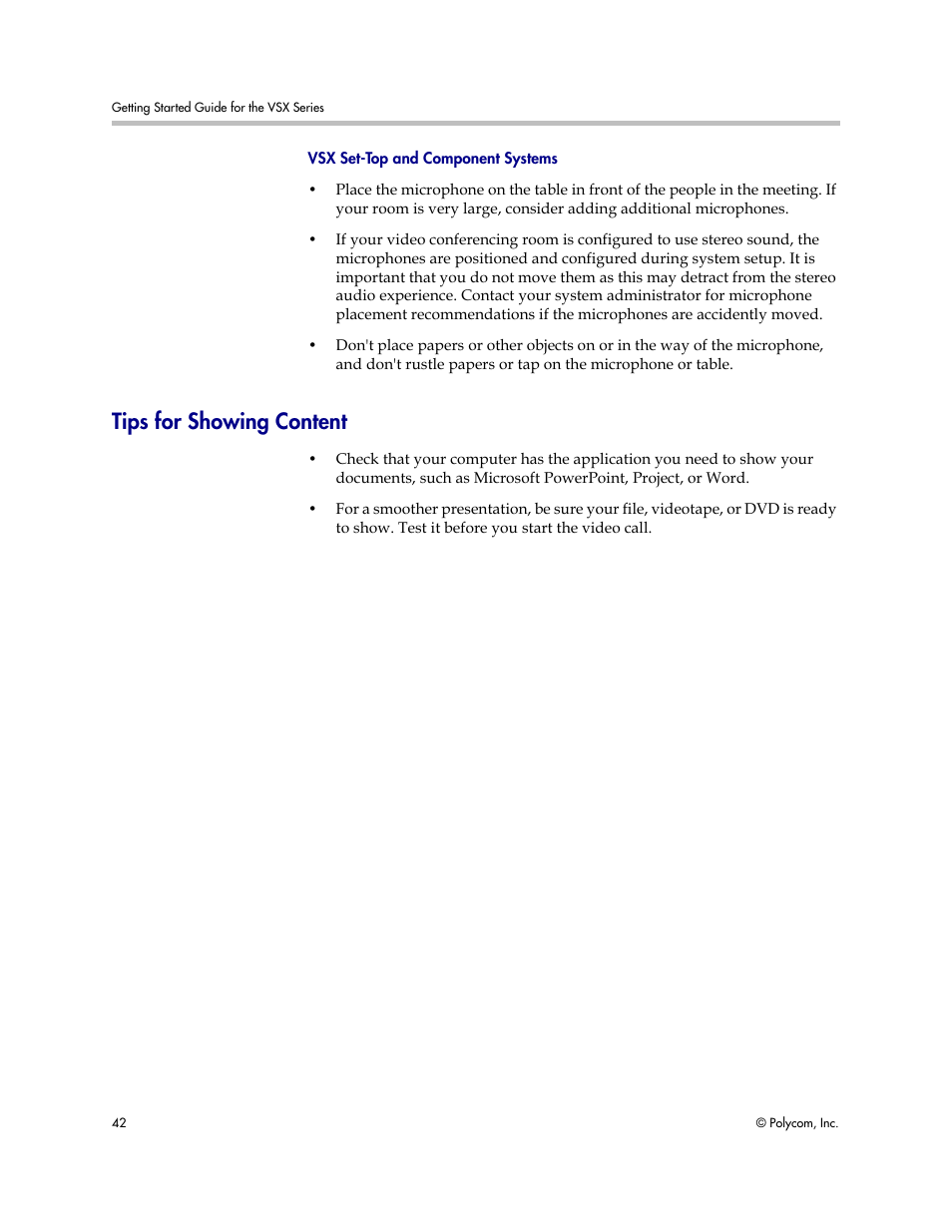 Vsx set-top and component systems, Tips for showing content | Polycom 9.0.6 User Manual | Page 46 / 46