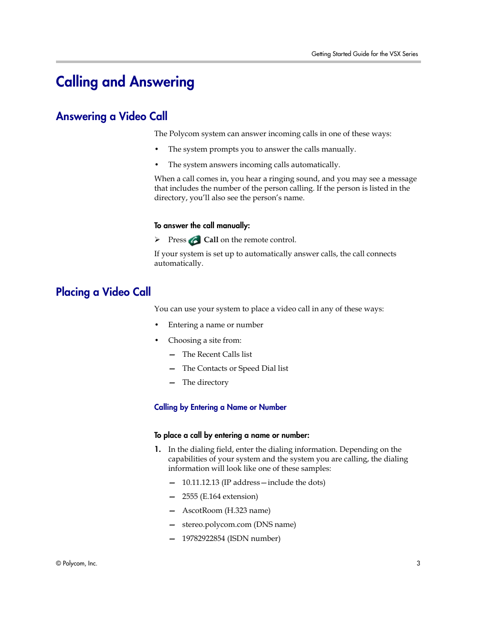 Calling and answering, Answering a video call, Placing a video call | Calling by entering a name or number, Answering a video call placing a video call | Polycom 9.0.6 User Manual | Page 7 / 46