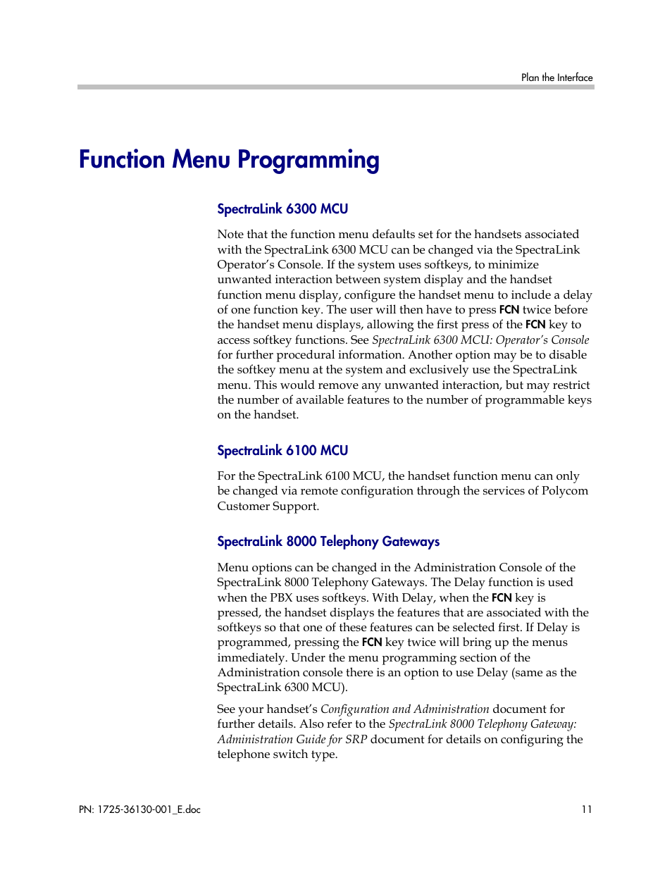 Function menu programming | Polycom AVAYA DEFINITY LINKPLUS SPECTRALINK 6000 User Manual | Page 11 / 21