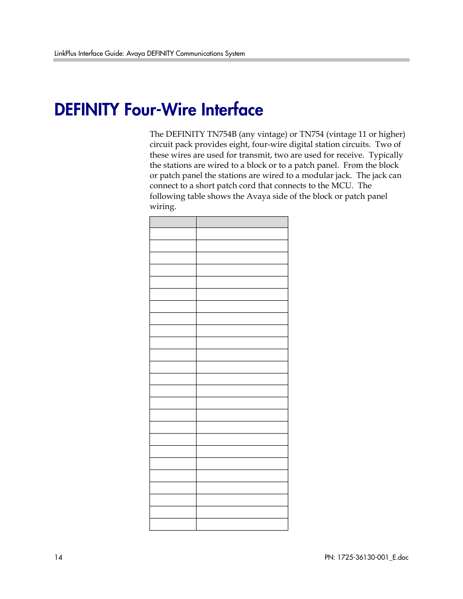 Definity four-wire interface | Polycom AVAYA DEFINITY LINKPLUS SPECTRALINK 6000 User Manual | Page 14 / 21