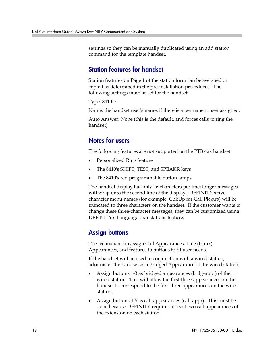 Station features for handset, Assign buttons | Polycom AVAYA DEFINITY LINKPLUS SPECTRALINK 6000 User Manual | Page 18 / 21