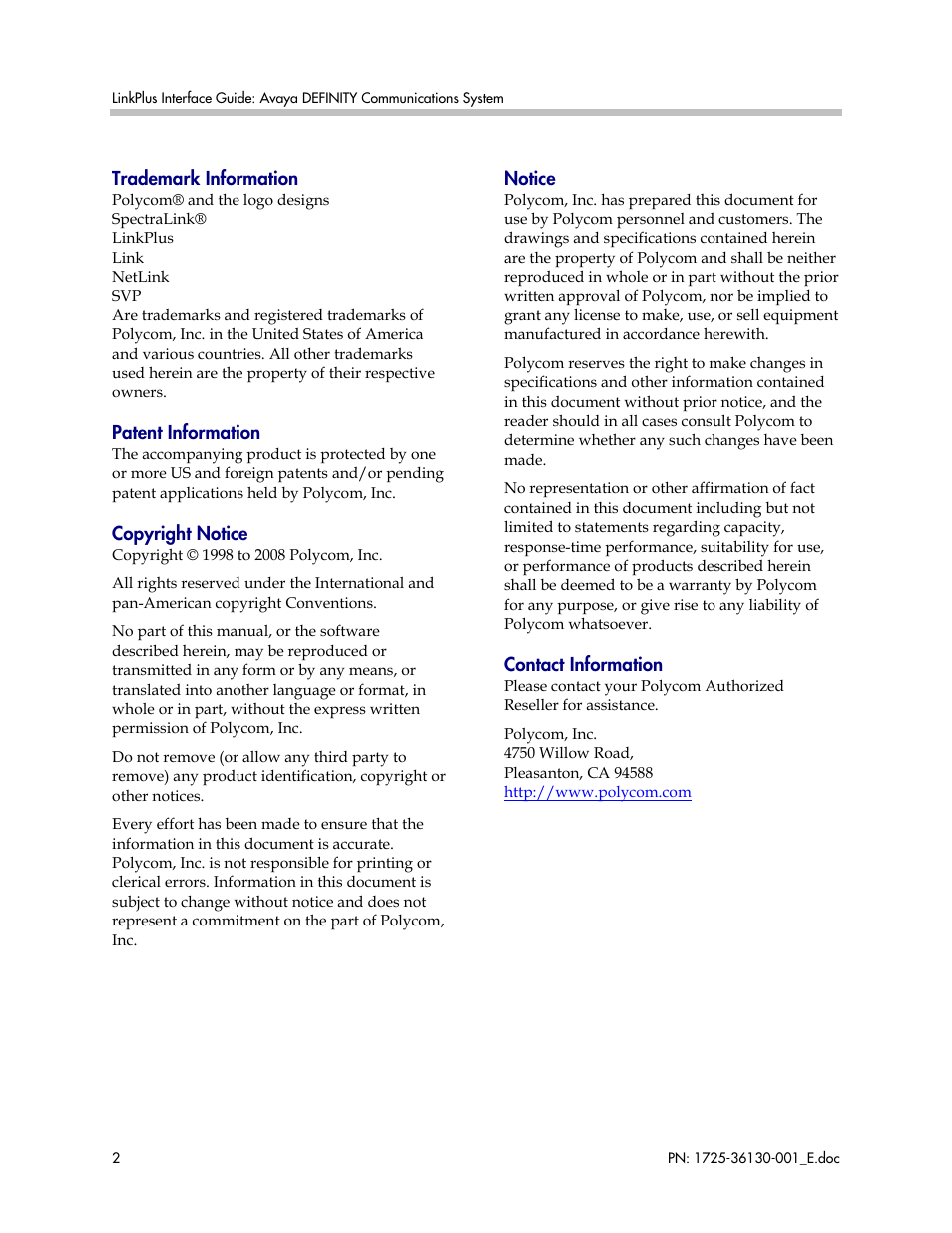 Polycom AVAYA DEFINITY LINKPLUS SPECTRALINK 6000 User Manual | Page 2 / 21