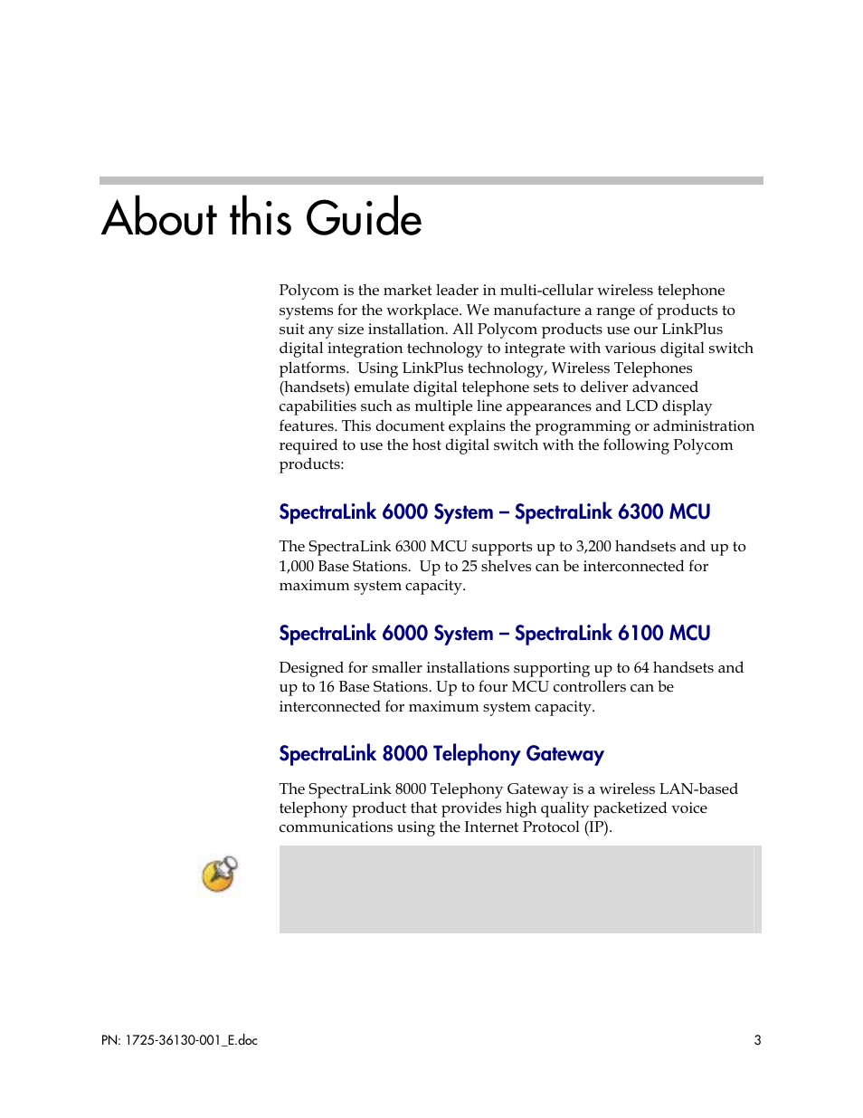 About this guide | Polycom AVAYA DEFINITY LINKPLUS SPECTRALINK 6000 User Manual | Page 3 / 21