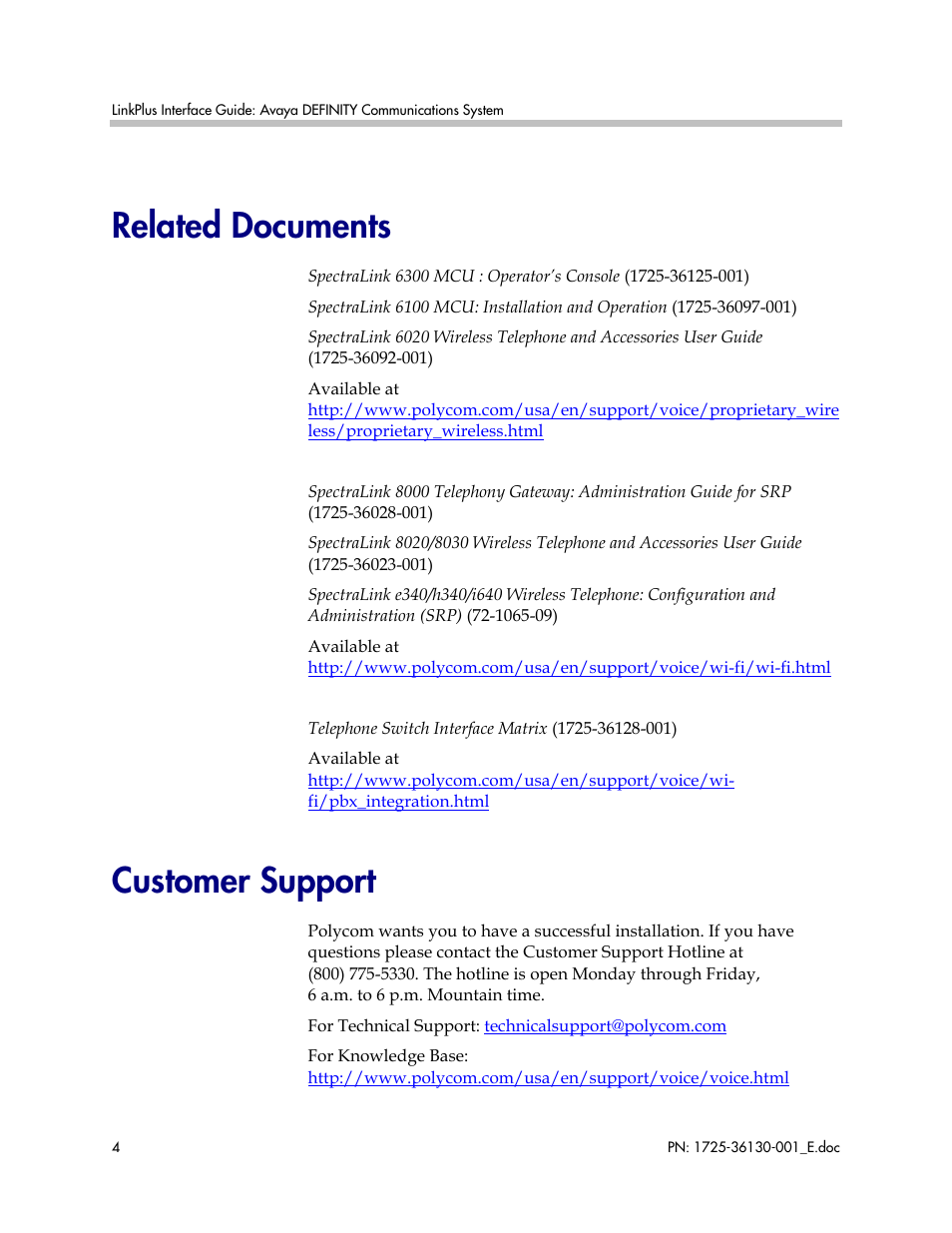Related documents, Customer support | Polycom AVAYA DEFINITY LINKPLUS SPECTRALINK 6000 User Manual | Page 4 / 21