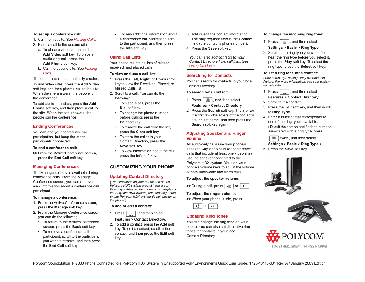 Ending conferences, Managing conferences, Using call lists | Customizing your phone, Updating contact directory, Searching for contacts, Adjusting speaker and ringer volume, Updating ring tones, Updating contact, Directory | Polycom HDX 9001 User Manual | Page 2 / 2