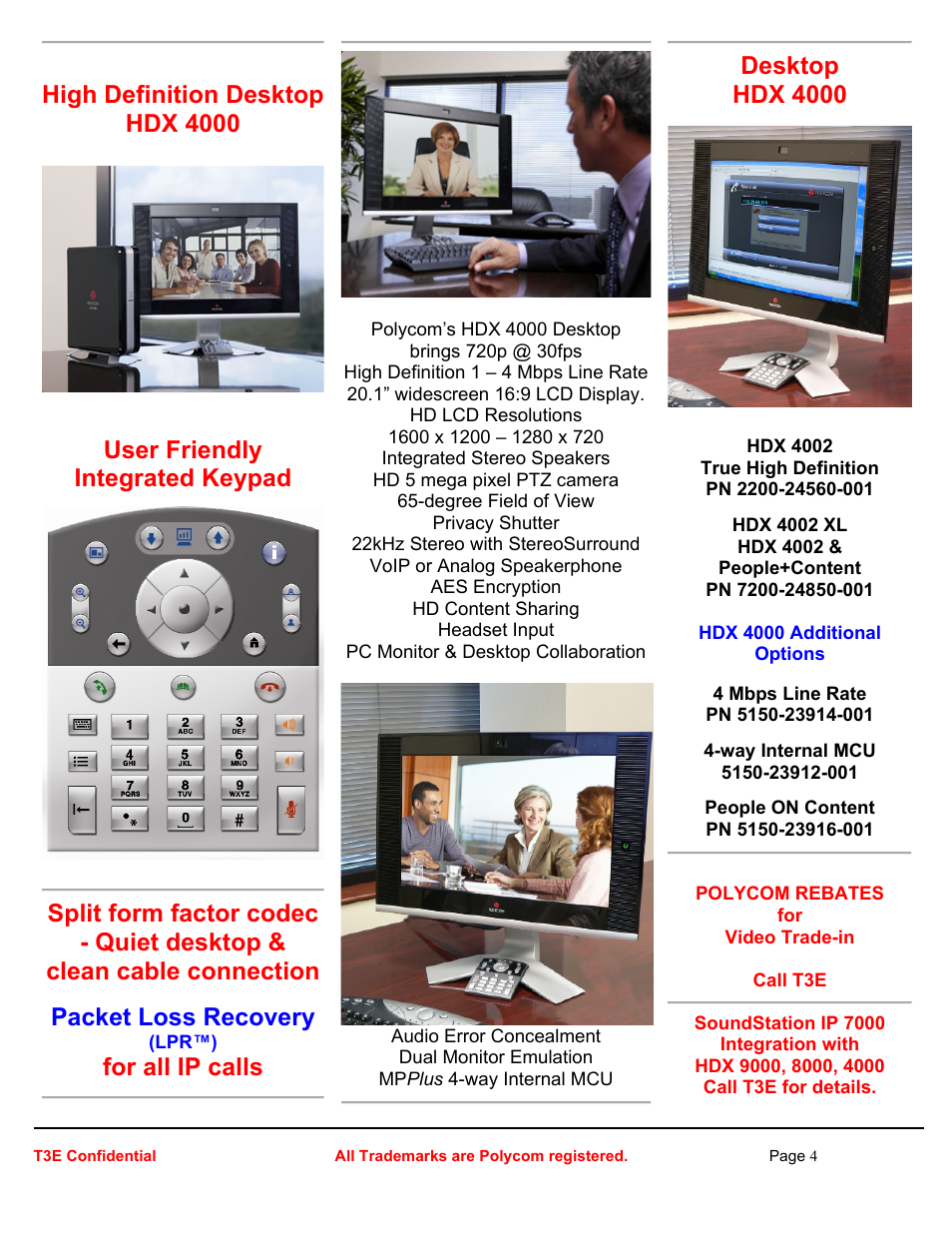 High definition desktop hdx 4000, User friendly integrated keypad, Packet loss recovery | For all ip calls, Desktop hdx 4000 | Polycom ULTIMATE HD HDX 9000 User Manual | Page 4 / 5