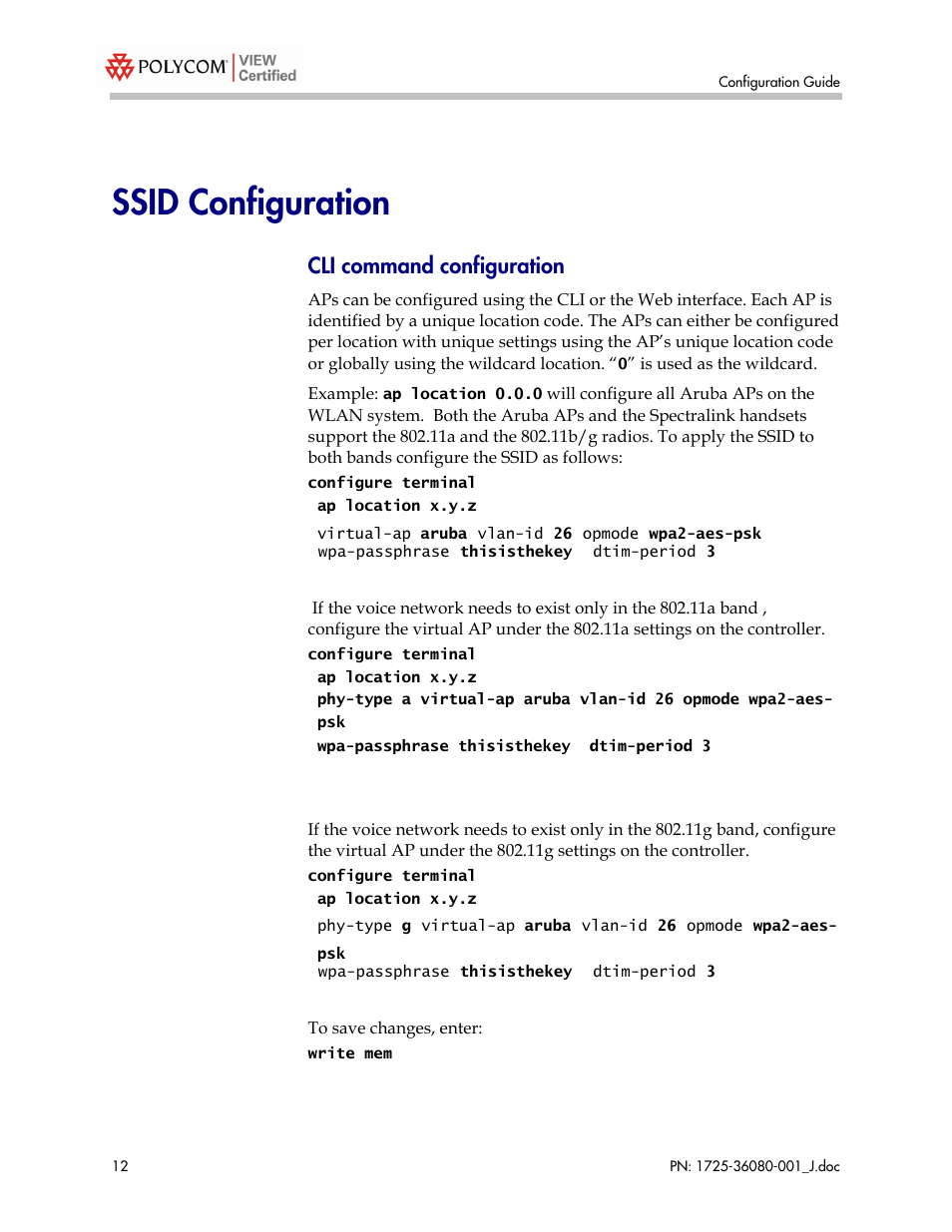 Ssid configuration, Cli command configuration | Polycom A800 User Manual | Page 12 / 30