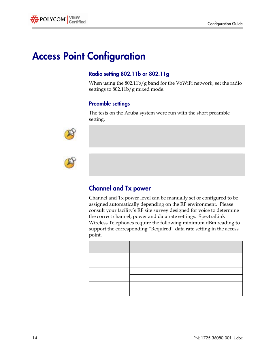 Access point configuration, Channel and tx power | Polycom A800 User Manual | Page 14 / 30