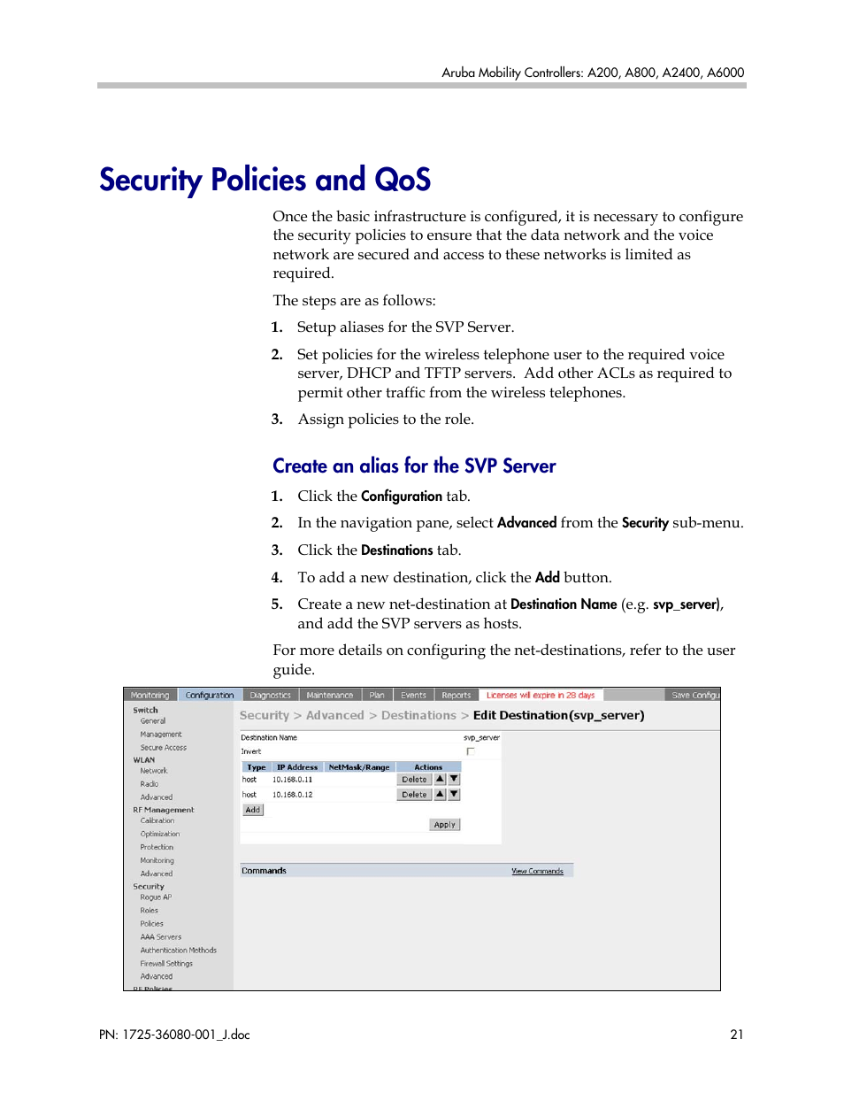 Security policies and qos, Create an alias for the svp server | Polycom A800 User Manual | Page 21 / 30