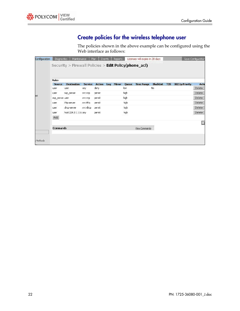 Create policies for the wireless telephone user | Polycom A800 User Manual | Page 22 / 30