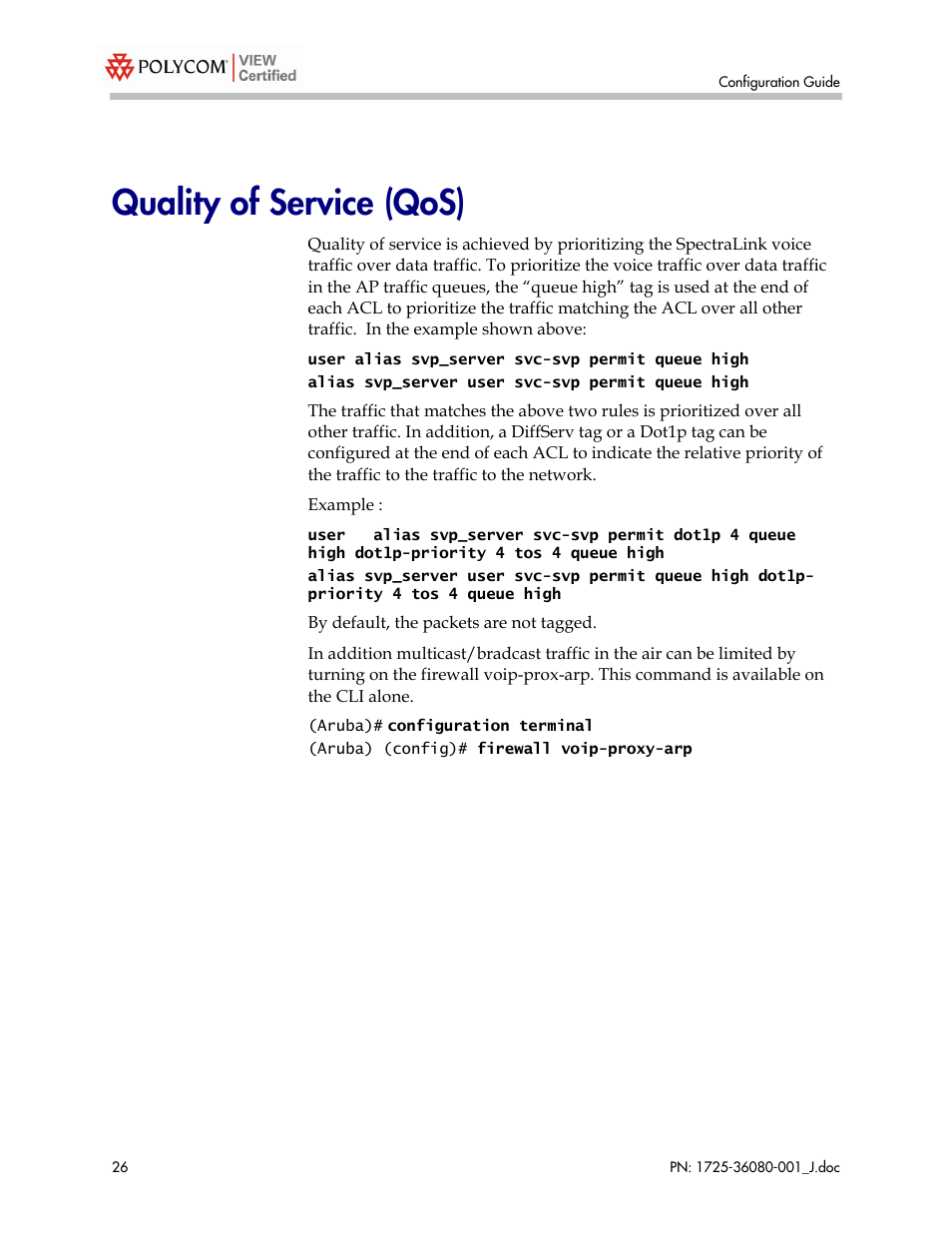 Quality of service (qos) | Polycom A800 User Manual | Page 26 / 30