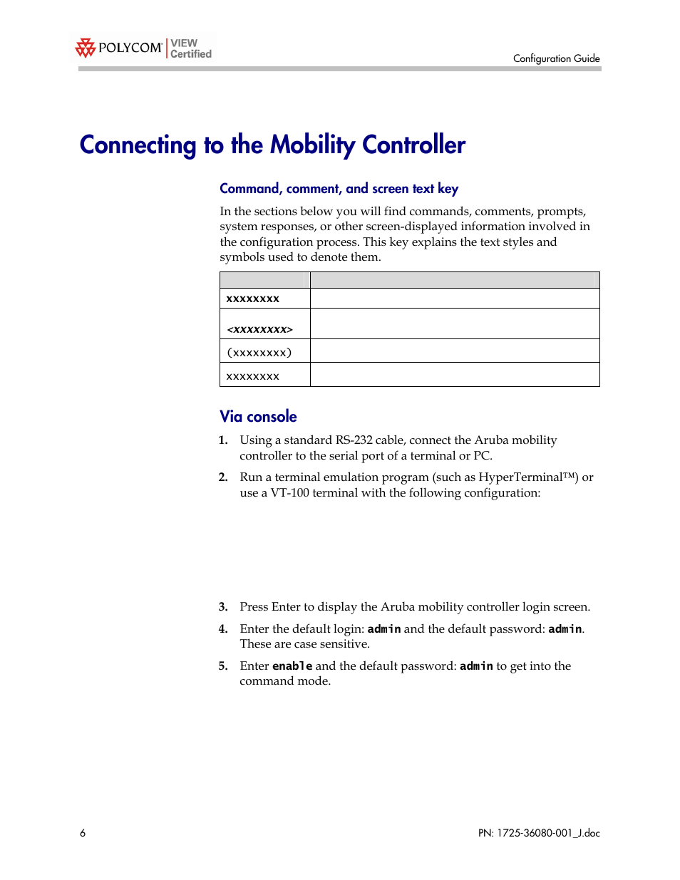 Connecting to the mobility controller, Via console | Polycom A800 User Manual | Page 6 / 30