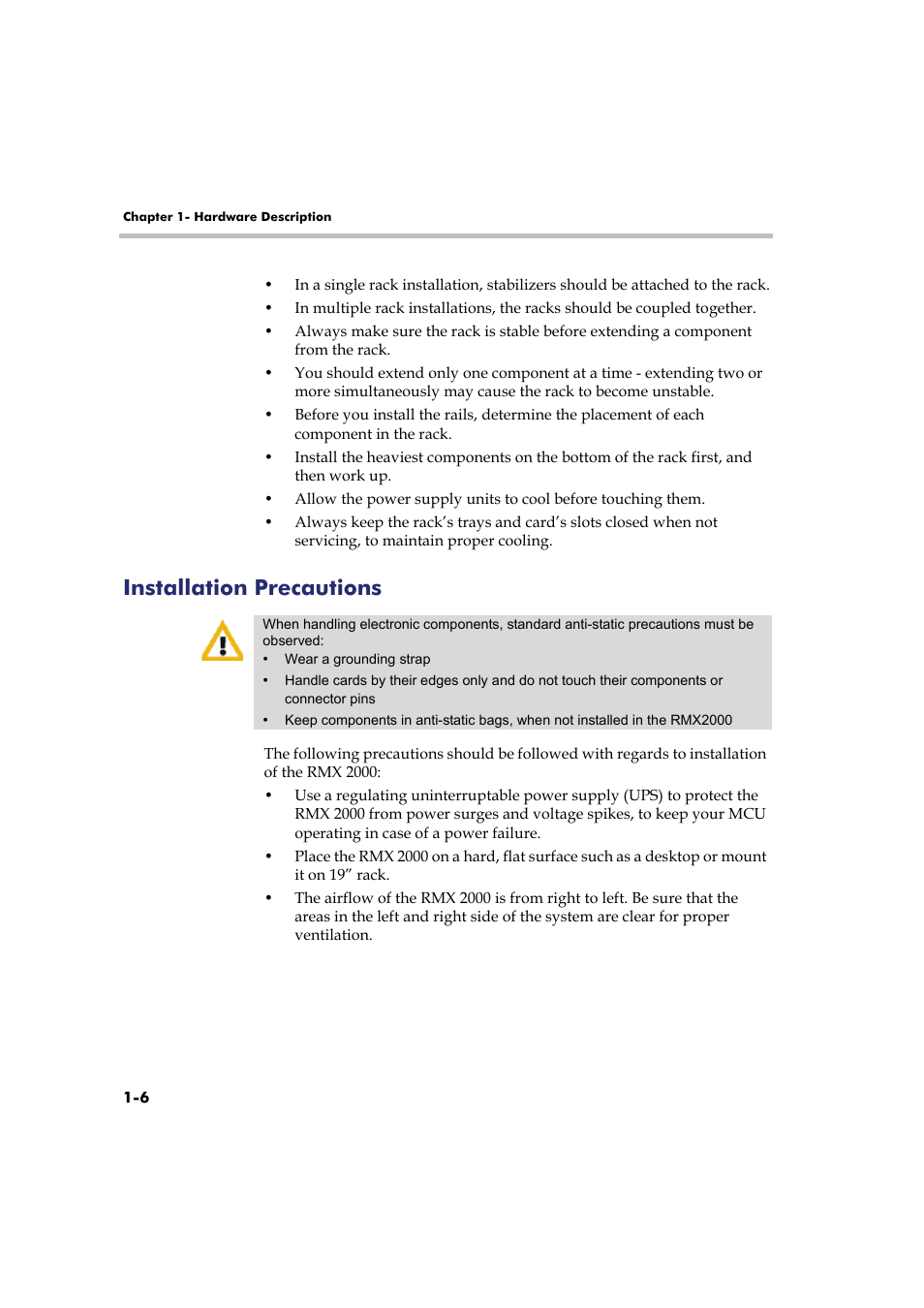 Installation precautions, Installation precautions -6 | Polycom Real-Time Media Conferencing Platform RMX 2000 User Manual | Page 12 / 42