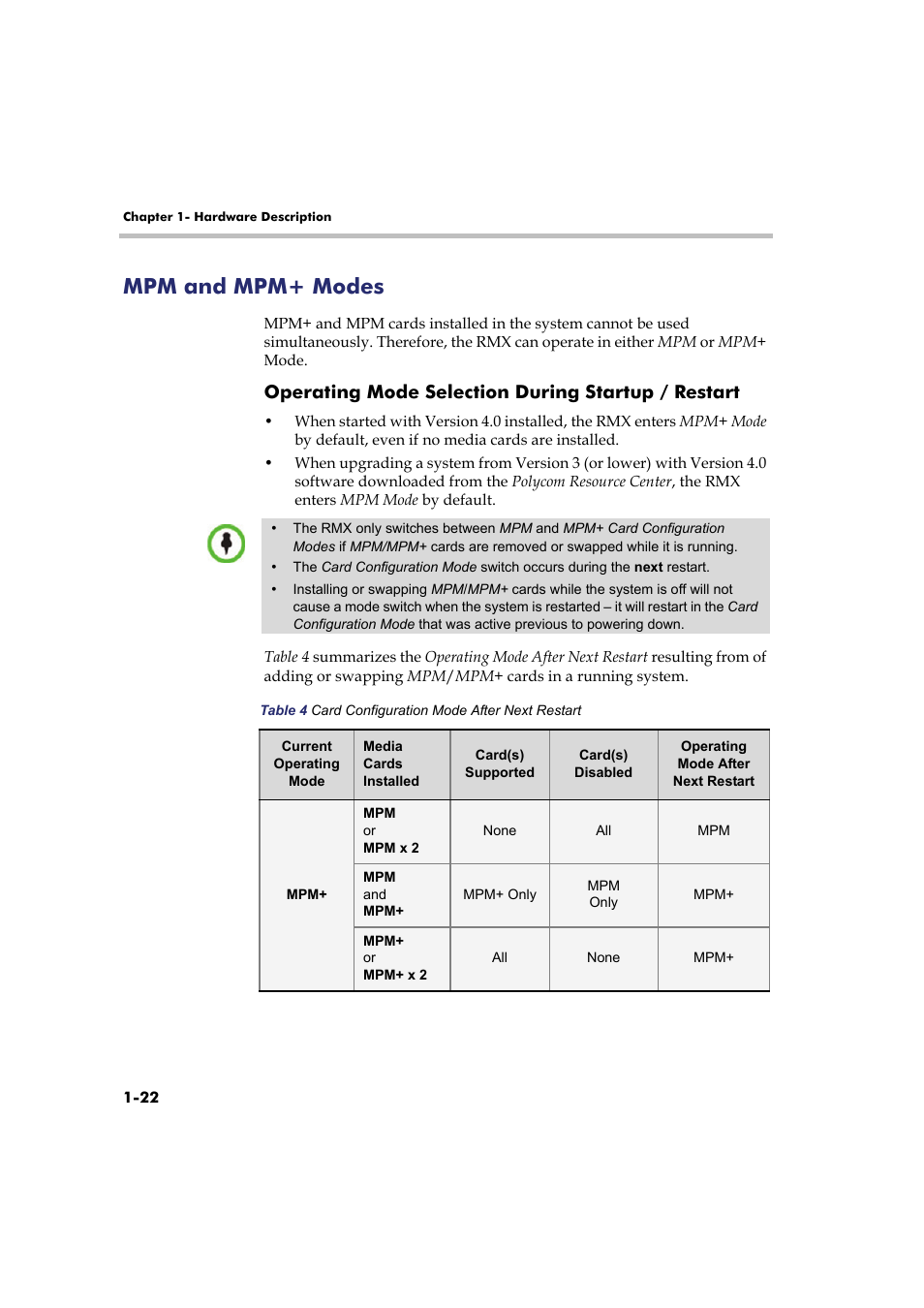 Mpm and mpm+ modes, Operating mode selection during startup / restart, Mpm and mpm+ modes -22 | Polycom Real-Time Media Conferencing Platform RMX 2000 User Manual | Page 28 / 42