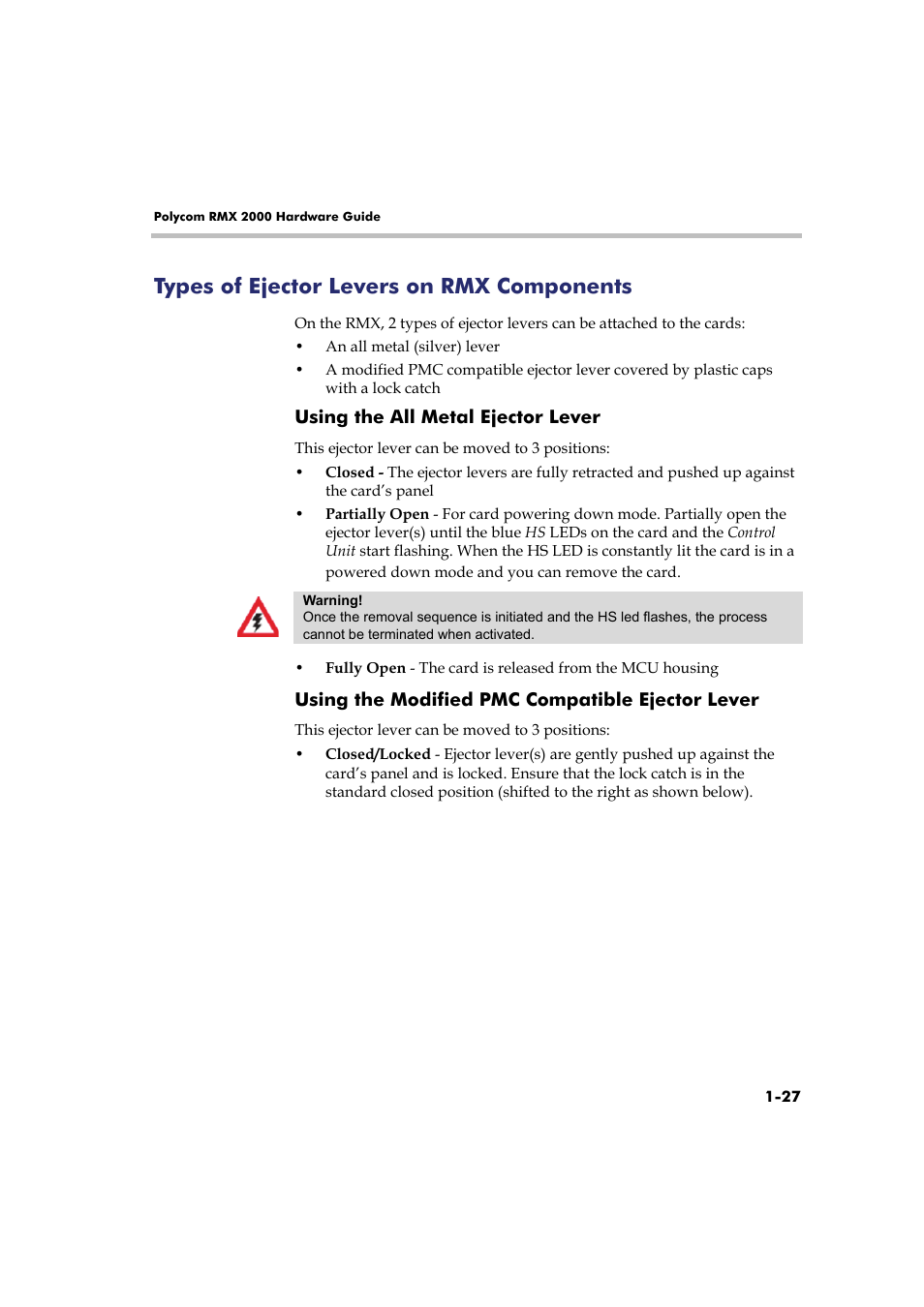 Types of ejector levers on rmx components, Using the all metal ejector lever, Using the modified pmc compatible ejector lever | Types of ejector levers on rmx components -27 | Polycom Real-Time Media Conferencing Platform RMX 2000 User Manual | Page 33 / 42