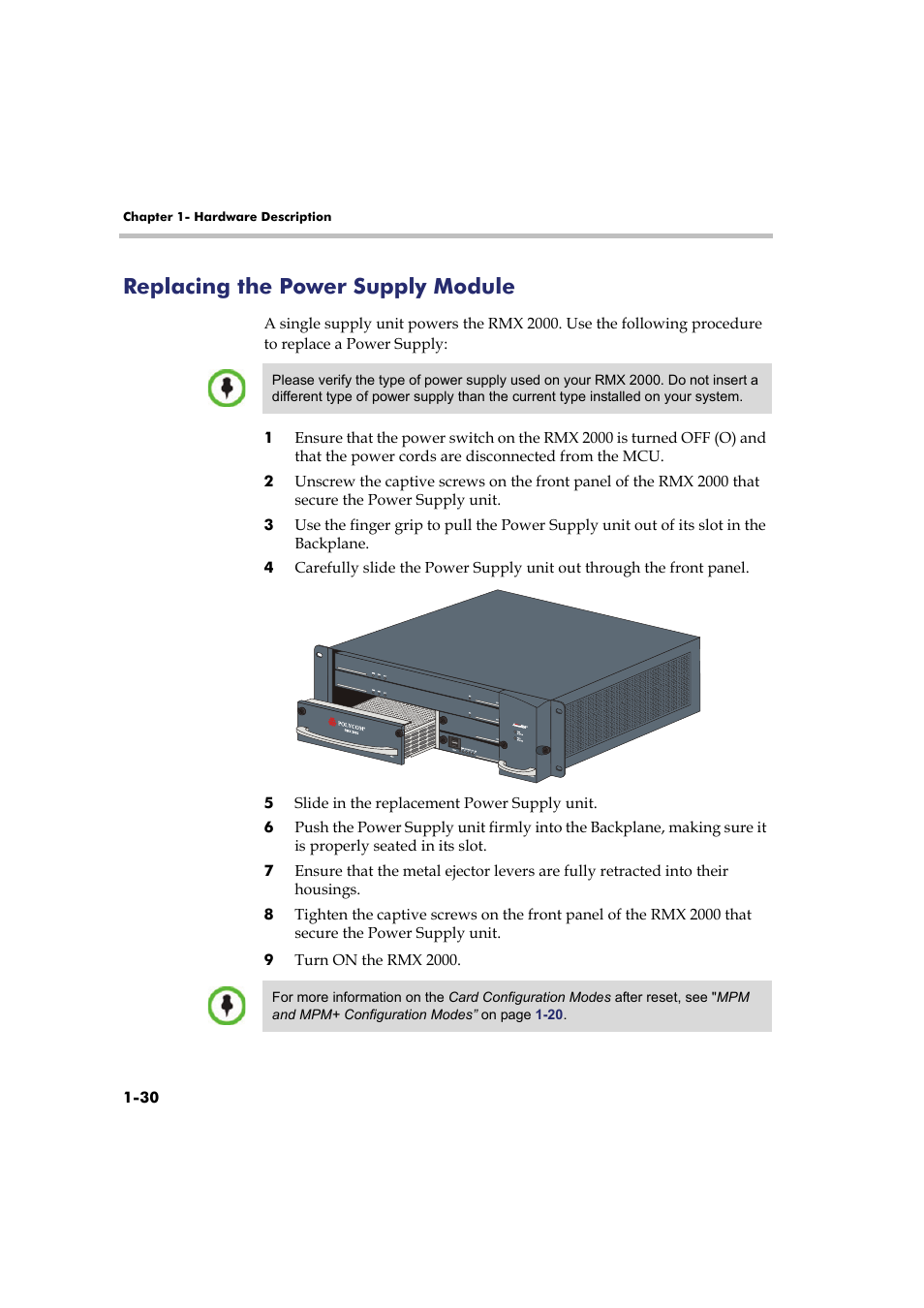 Replacing the power supply module, Replacing the power supply module -30, See " replacing the power supply module” on | Polycom Real-Time Media Conferencing Platform RMX 2000 User Manual | Page 36 / 42