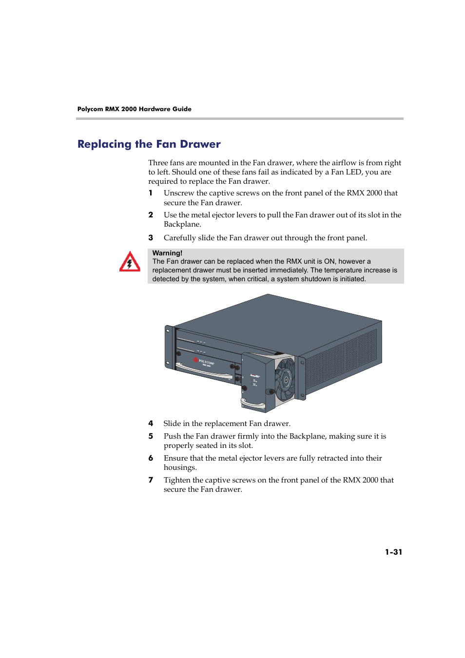 Replacing the fan drawer, Replacing the fan drawer -31 | Polycom Real-Time Media Conferencing Platform RMX 2000 User Manual | Page 37 / 42