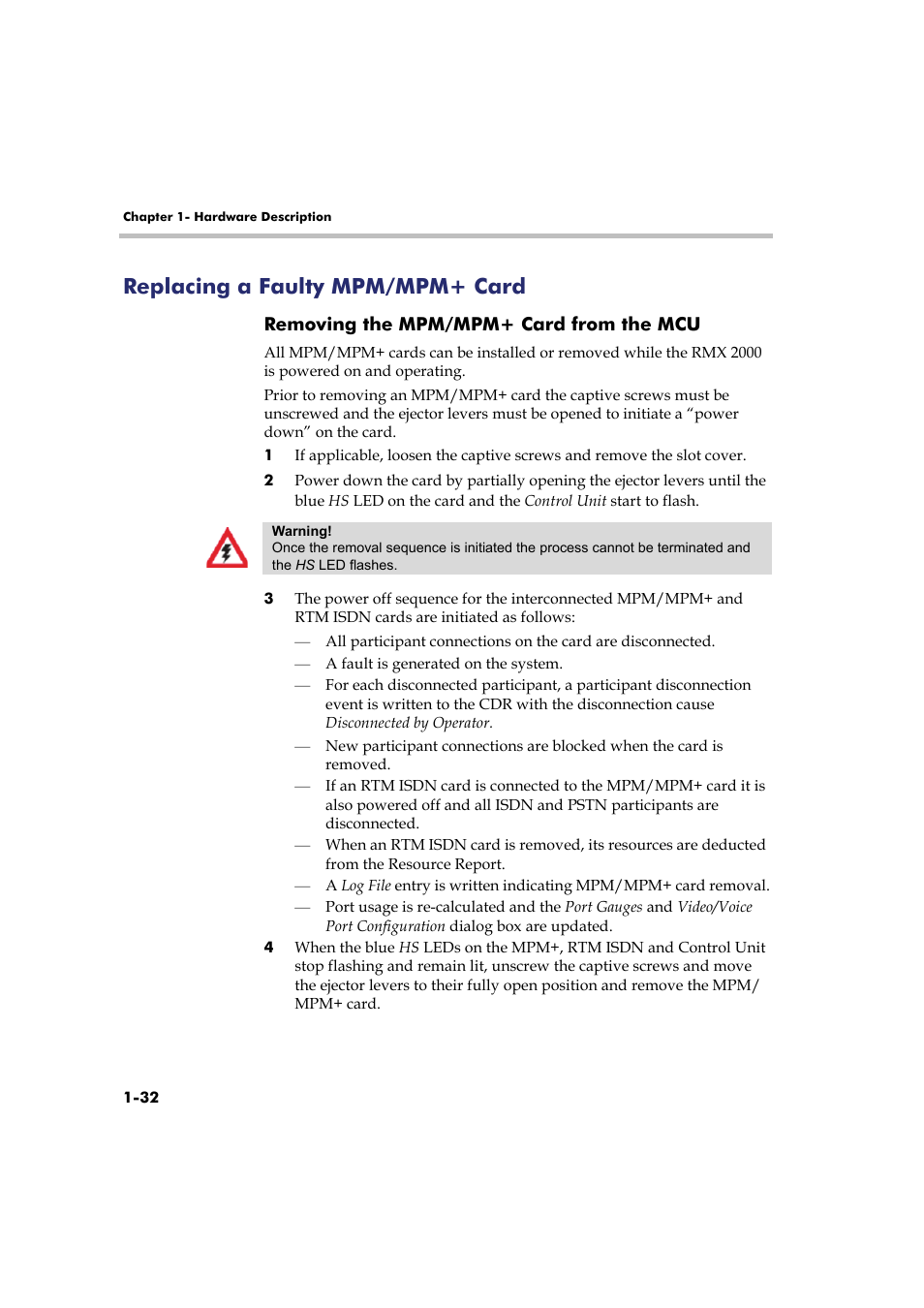 Replacing a faulty mpm/mpm+ card, Removing the mpm/mpm+ card from the mcu, Replacing a faulty mpm/mpm+ card -32 | Removing the mpm/mpm+ card from the mcu -32, See " replacing a | Polycom Real-Time Media Conferencing Platform RMX 2000 User Manual | Page 38 / 42