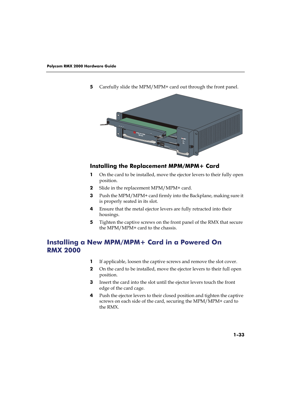 Installing the replacement mpm/mpm+ card, Installing the replacement mpm/mpm+ card -33 | Polycom Real-Time Media Conferencing Platform RMX 2000 User Manual | Page 39 / 42