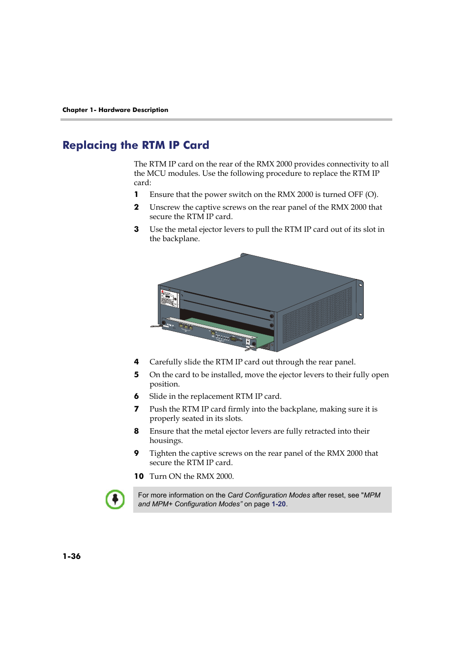 Replacing the rtm ip card, Replacing the rtm ip card -36 | Polycom Real-Time Media Conferencing Platform RMX 2000 User Manual | Page 42 / 42